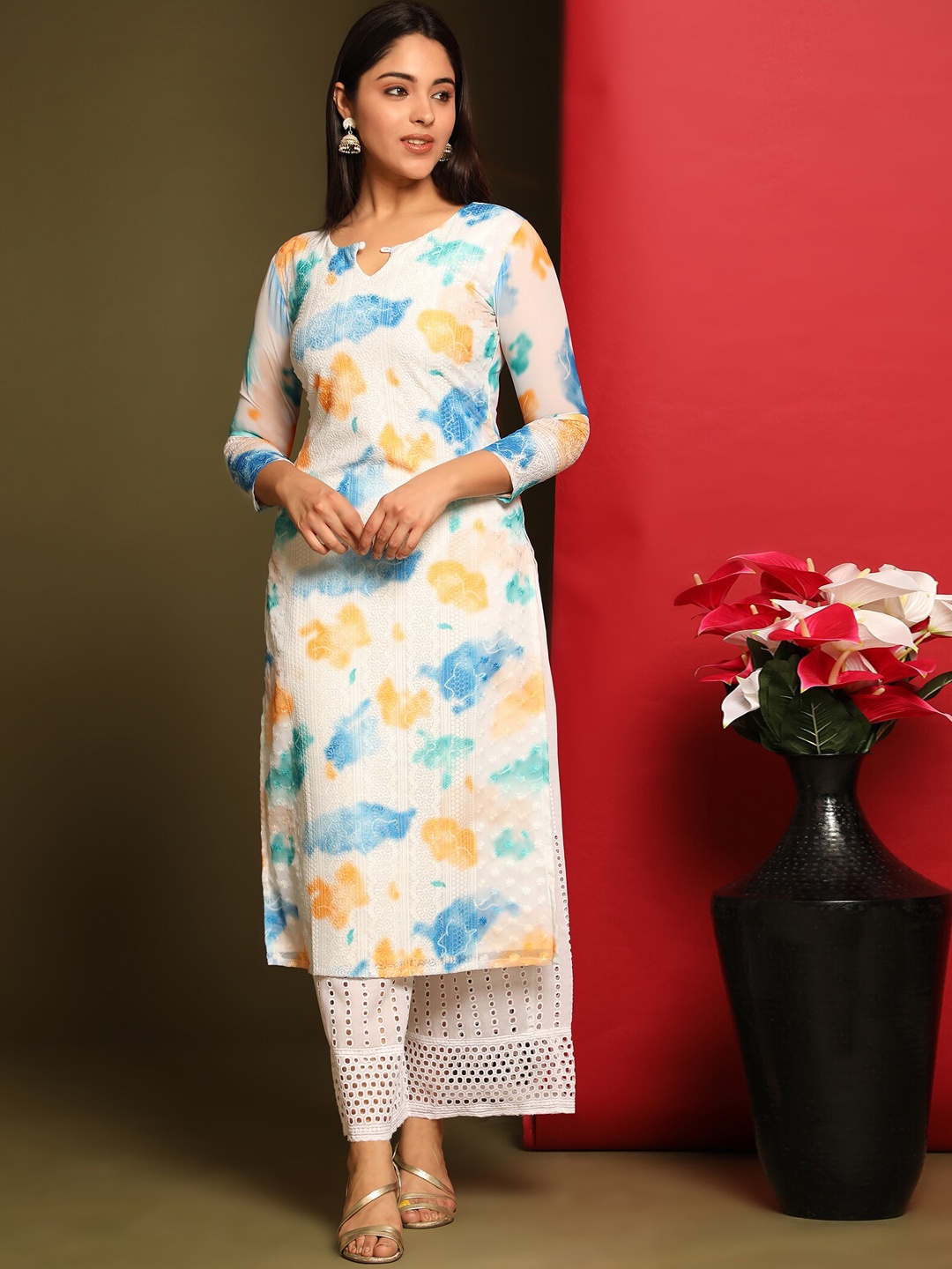 

KALINI Floral Printed Keyhole Neck Straight Kurta, White