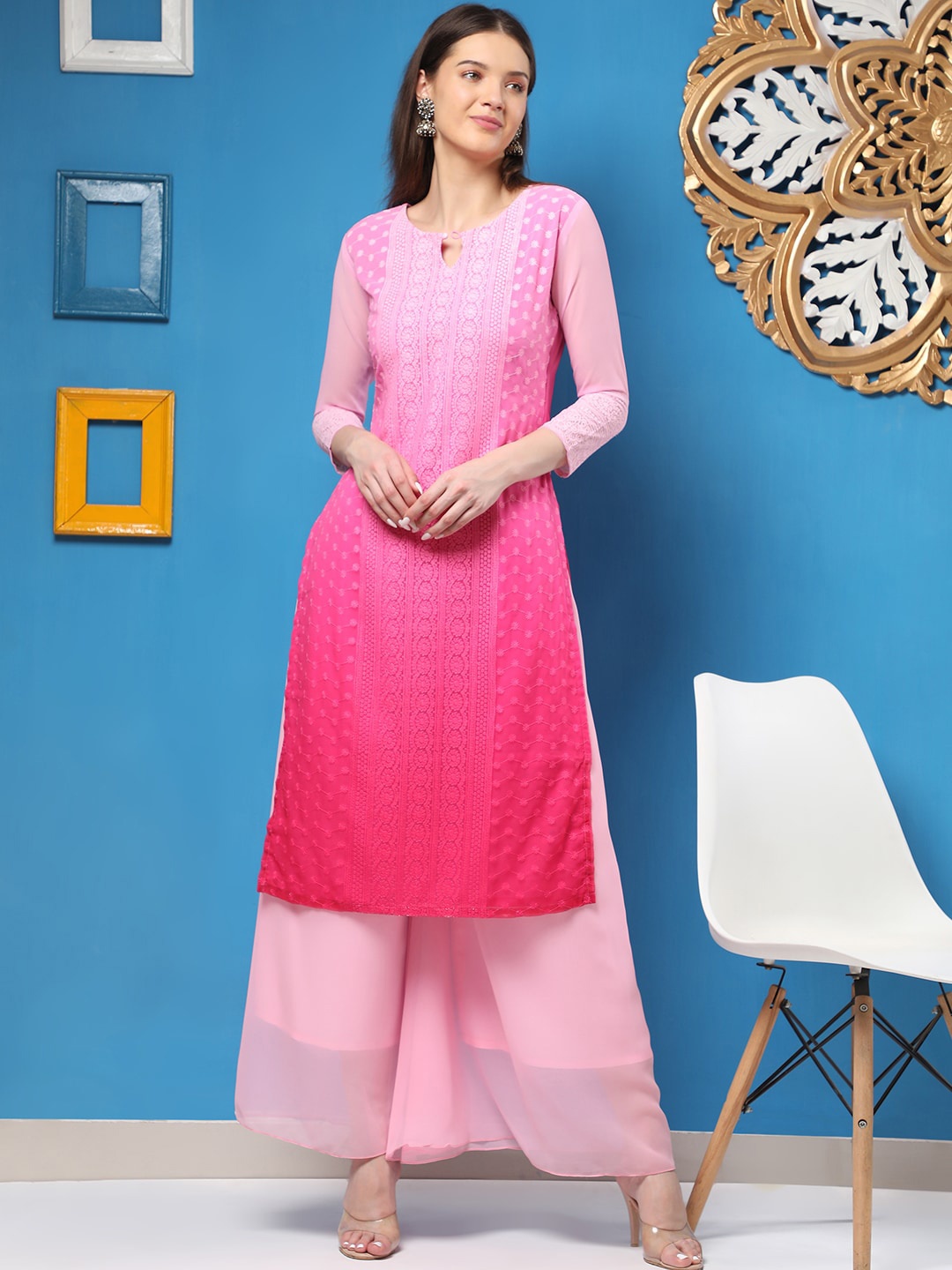 

KALINI Ethnic Motifs Embroidered Keyhole Neck Georgette Kurta, Pink