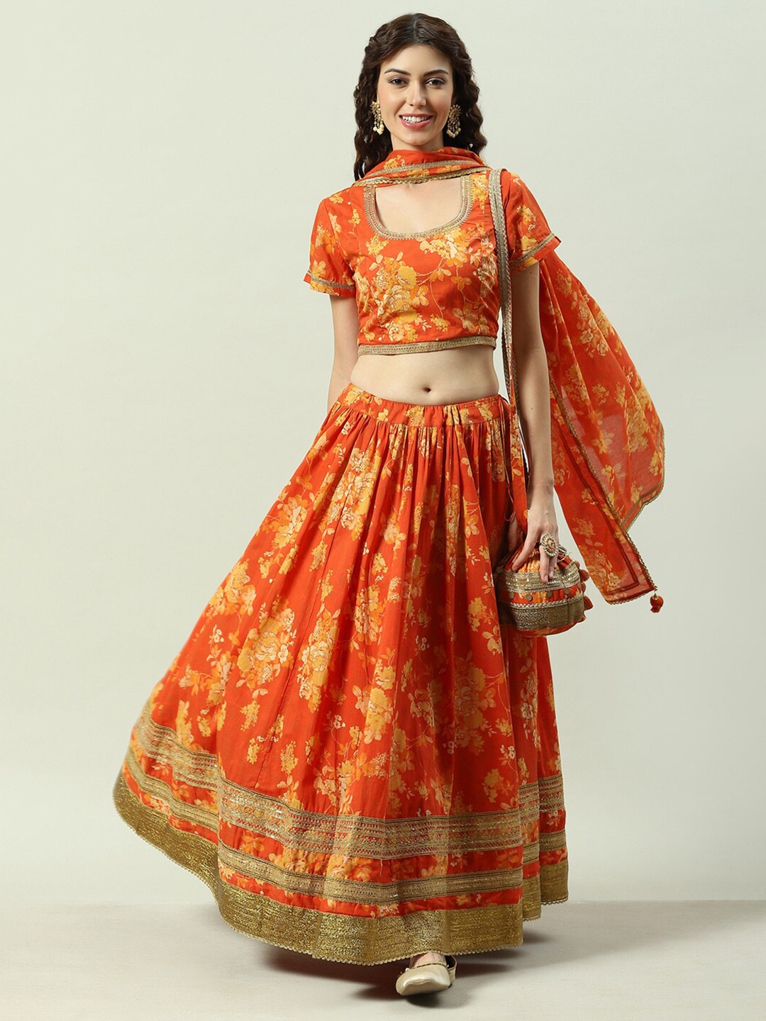 

Biba Printed Ready to Wear Lehenga & Blouse With Dupatta, Orange