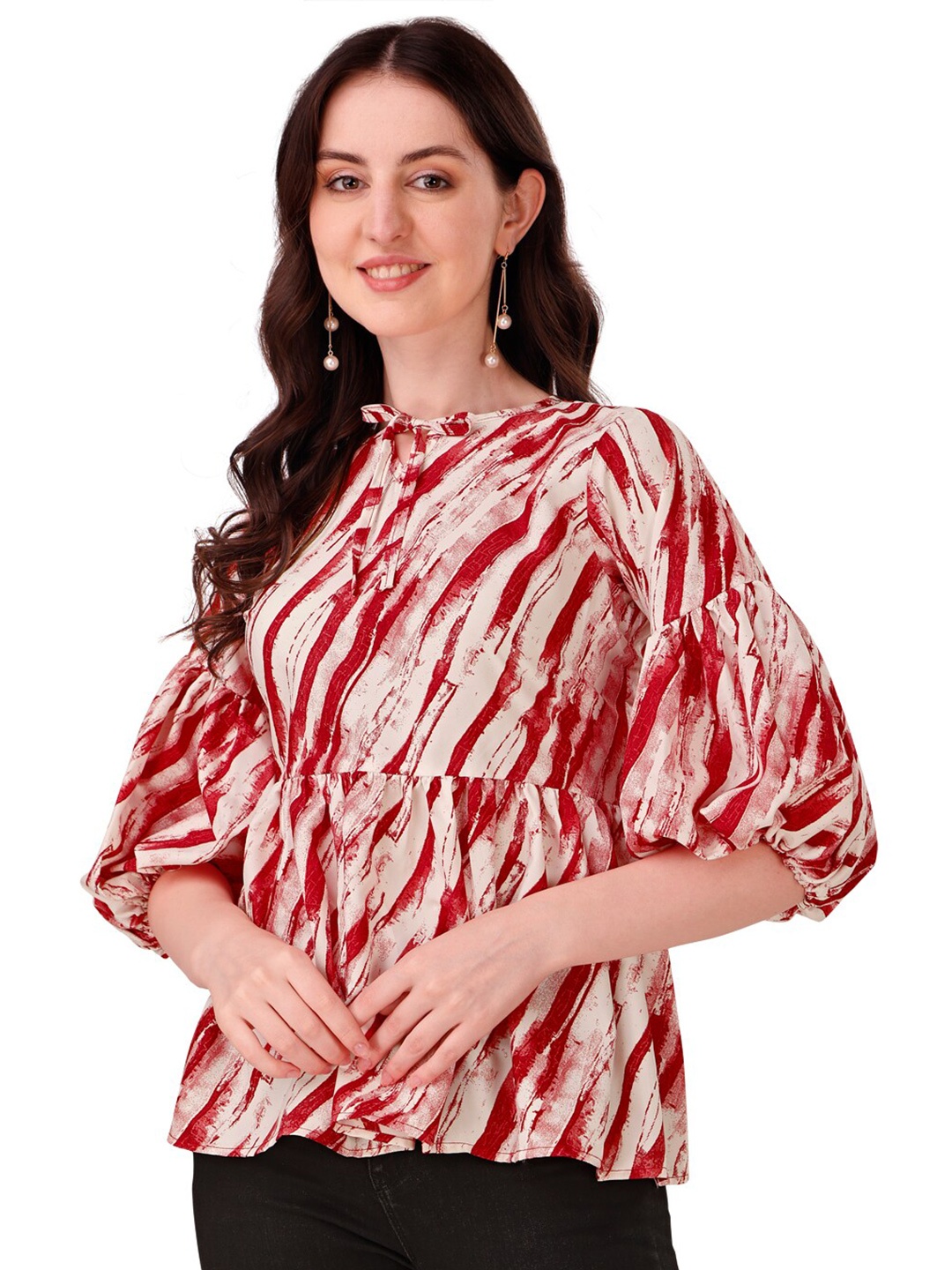 

KALINI Printed Tie-Up Neck Cotton Peplum Top, Red