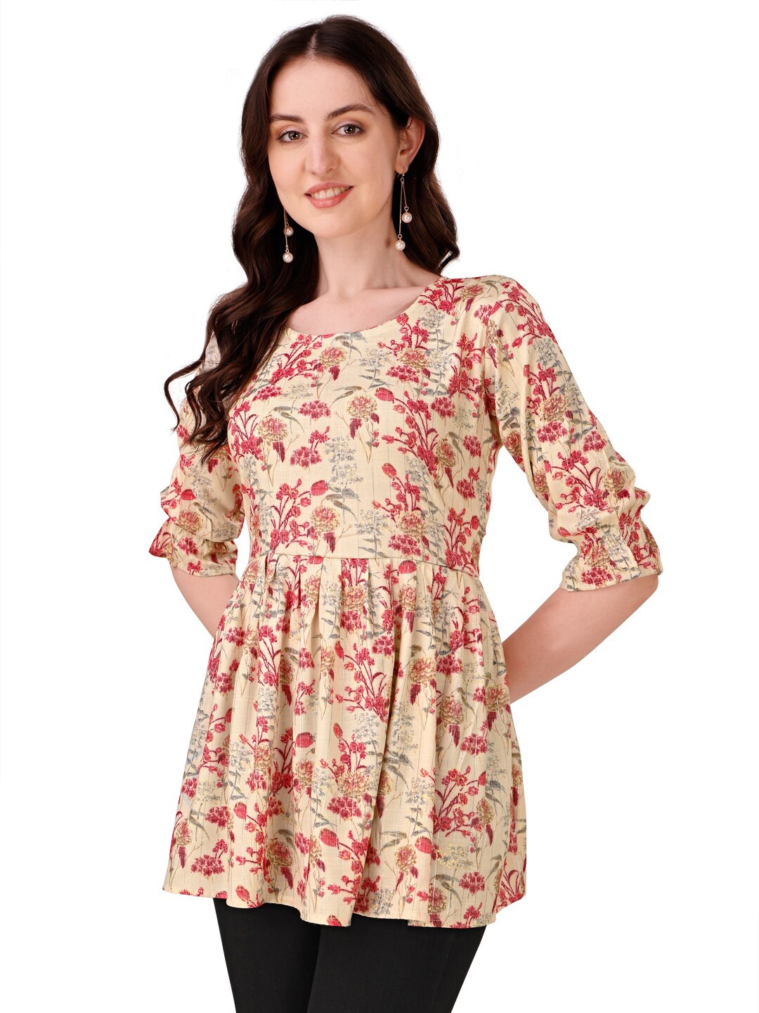 

KALINI Floral Printed Cotton A-Line Top, Cream