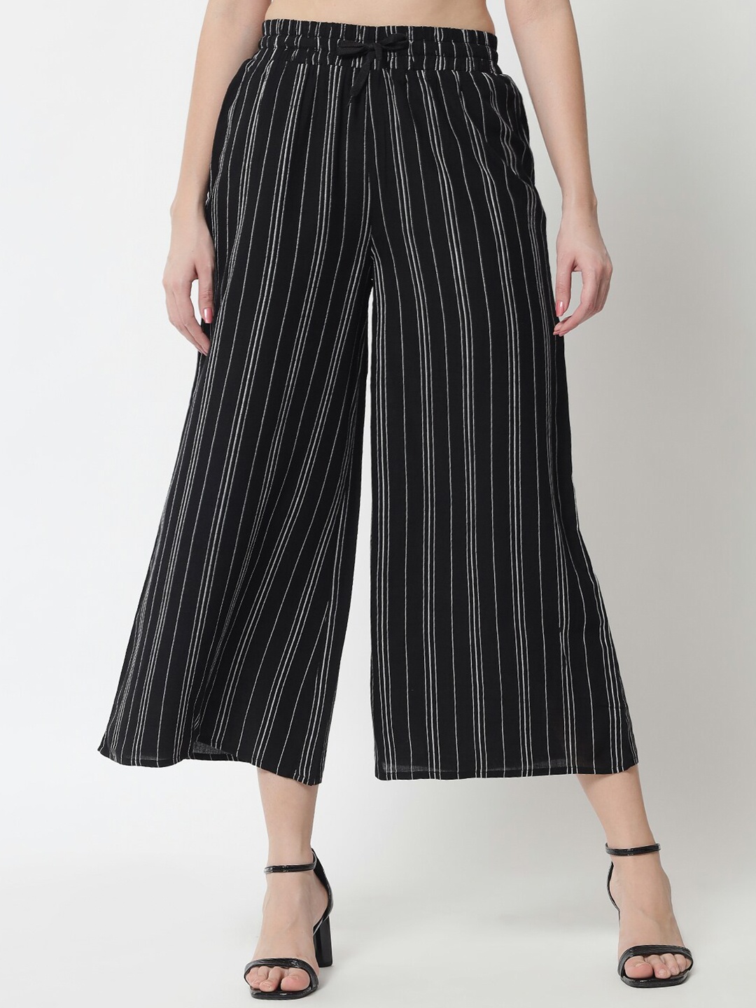 

urSense Women Striped Mid-Rise Wide Leg Palazzos, Black