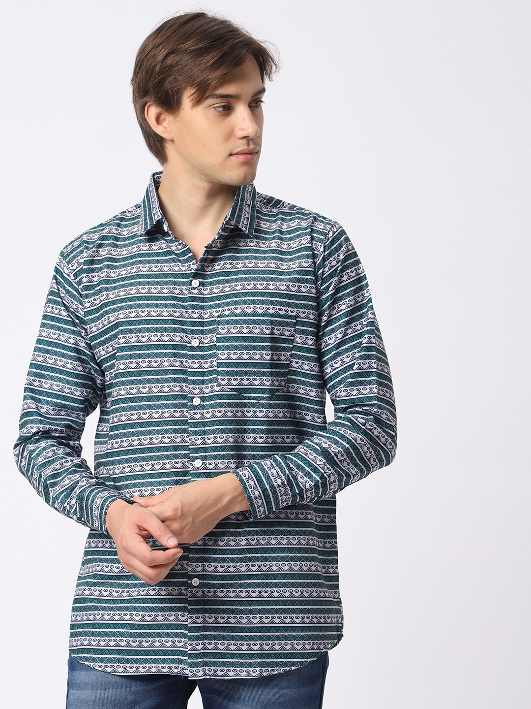 

N AND J Men Classic Geometric Printed Casual Shirt, Teal