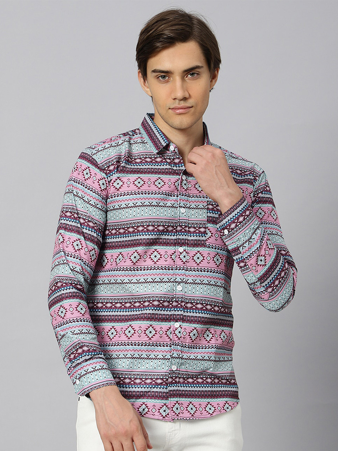 

N AND J Regular Fit Classic Opaque Tribal Printed Casual Shirt, Pink