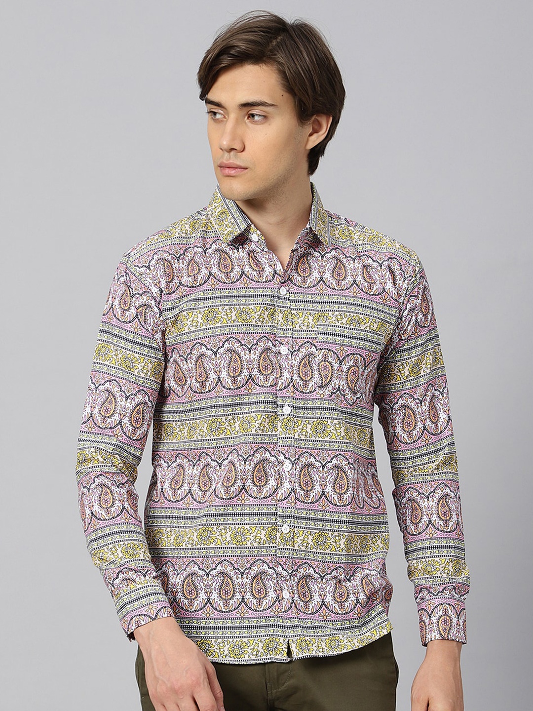 

N AND J Classic Ethnic Motif Printed Casual Shirt, Beige