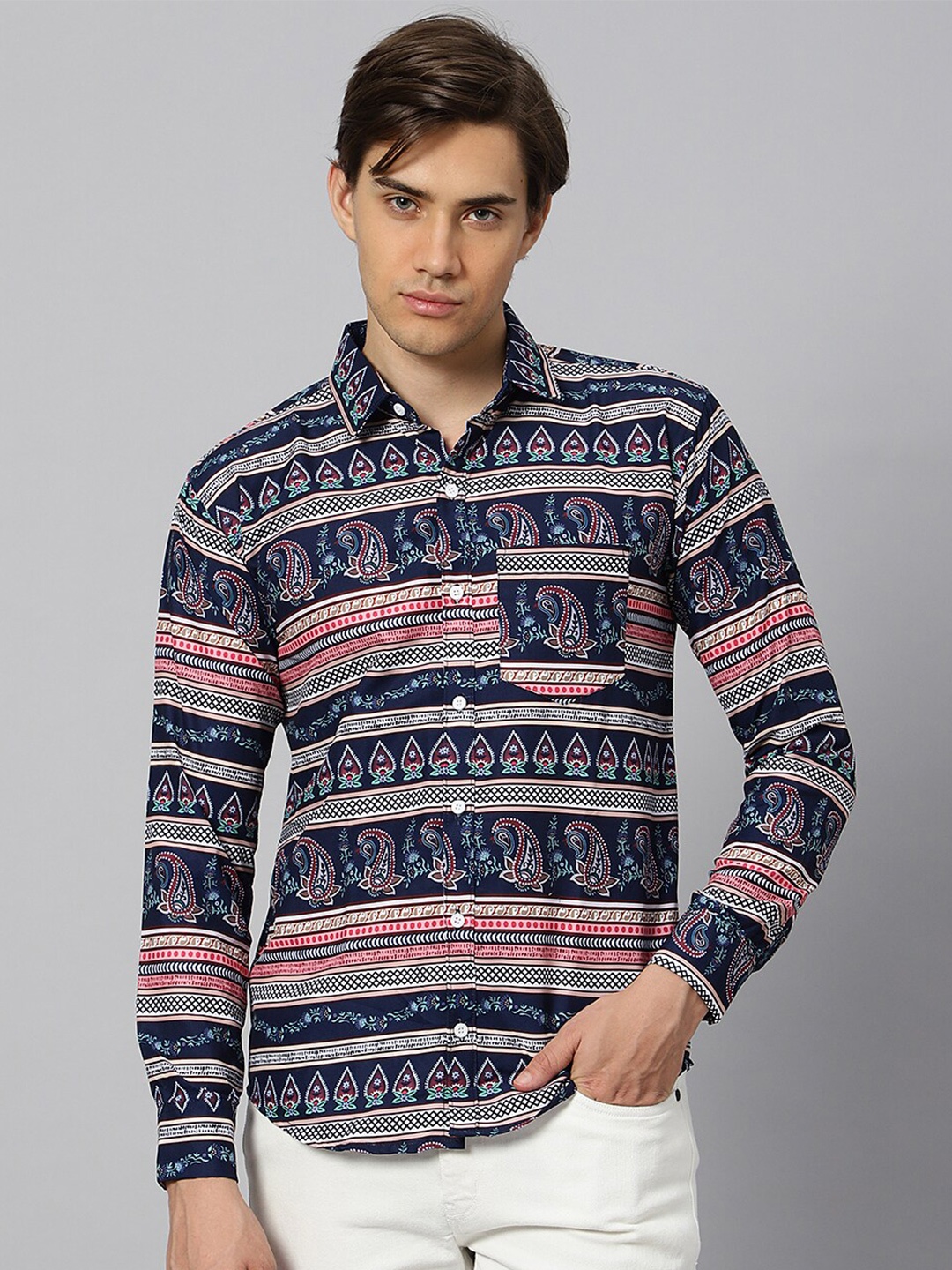 

N AND J Classic Fit Ethnic Motif Printed Casual Shirt, Navy blue