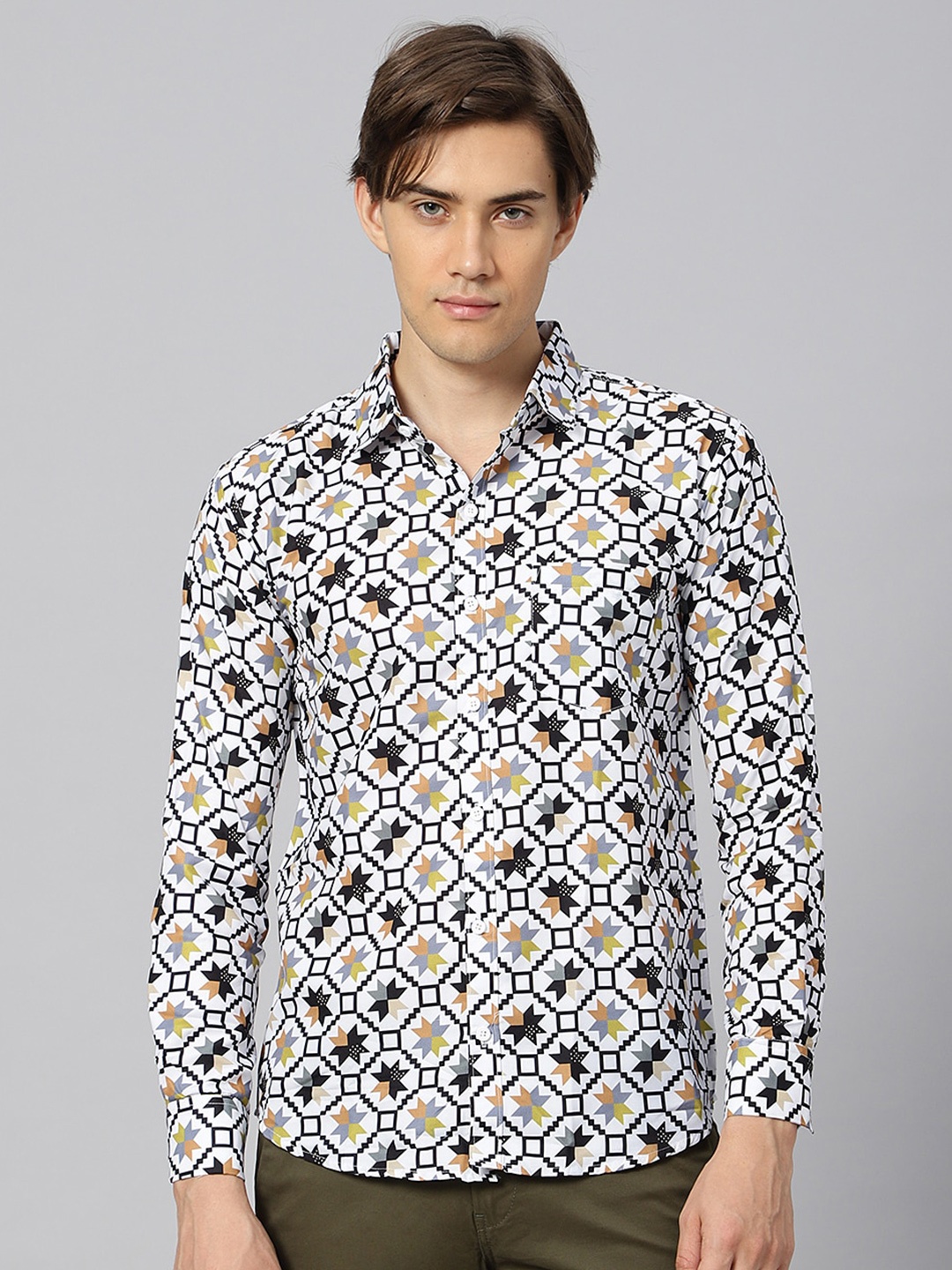 

N AND J Classic Geometric Printed Casual Shirt, White