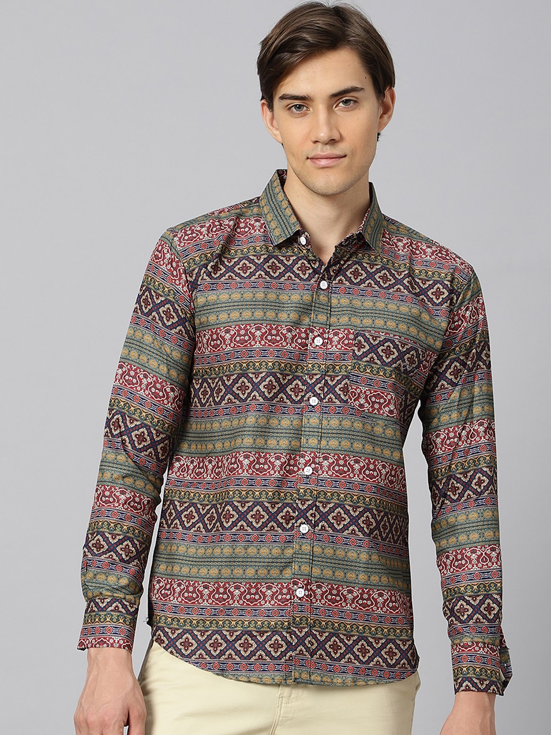 

N AND J Classic Ethnic Motifs Printed Casual Shirt, Green