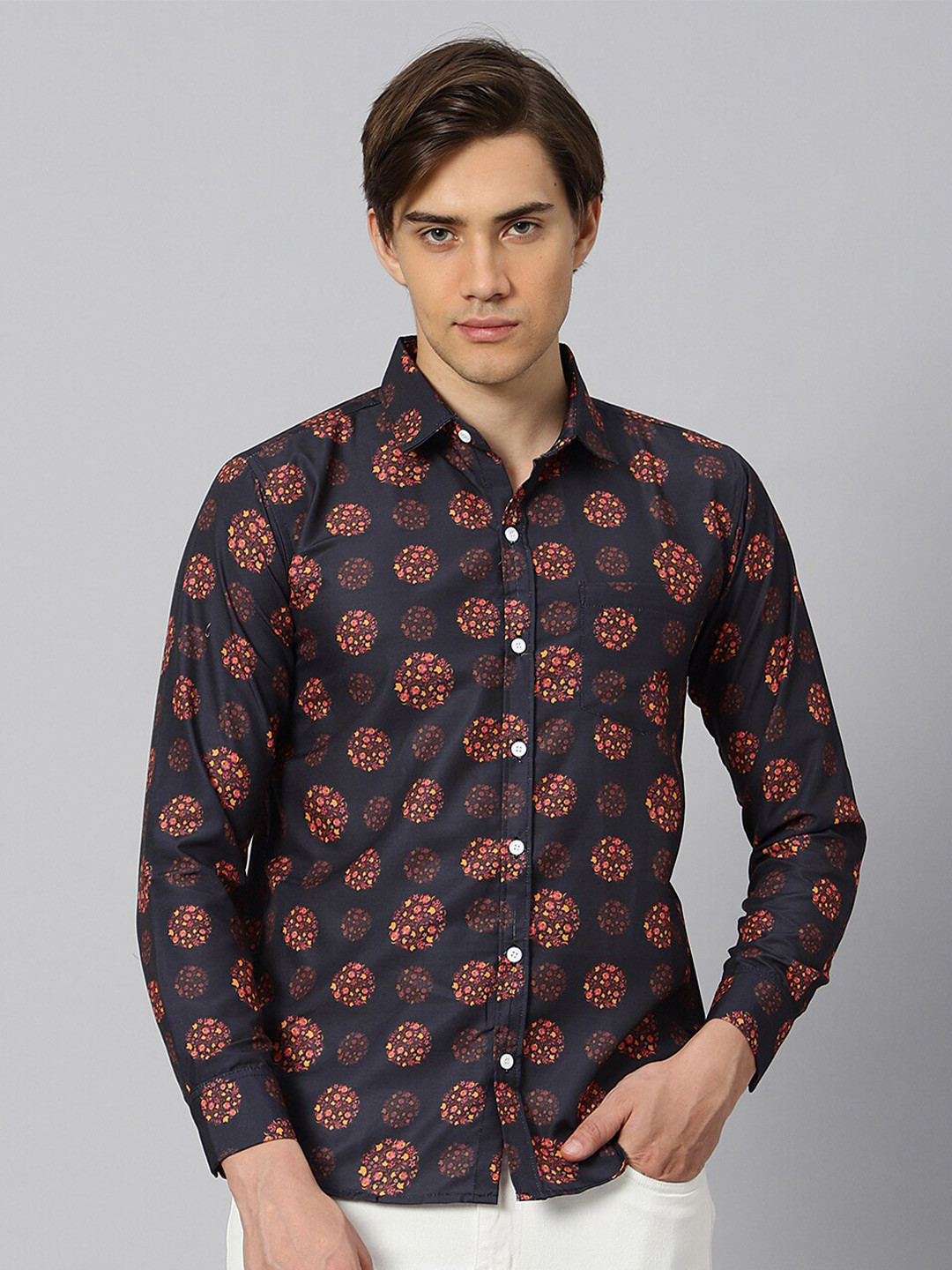 

N AND J Men Classic Floral Printed Casual Shirt, Black