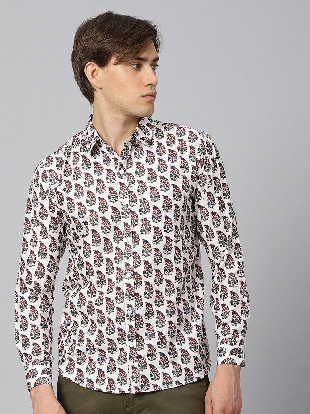

N AND J Classic Floral Printed Spraed Collar Casual Shirt, Cream