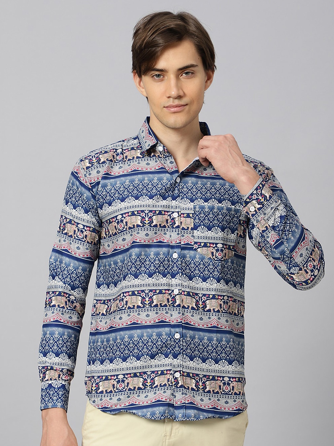 

N AND J Ethnic Motifs Printed Cotton Casual Shirt, Blue