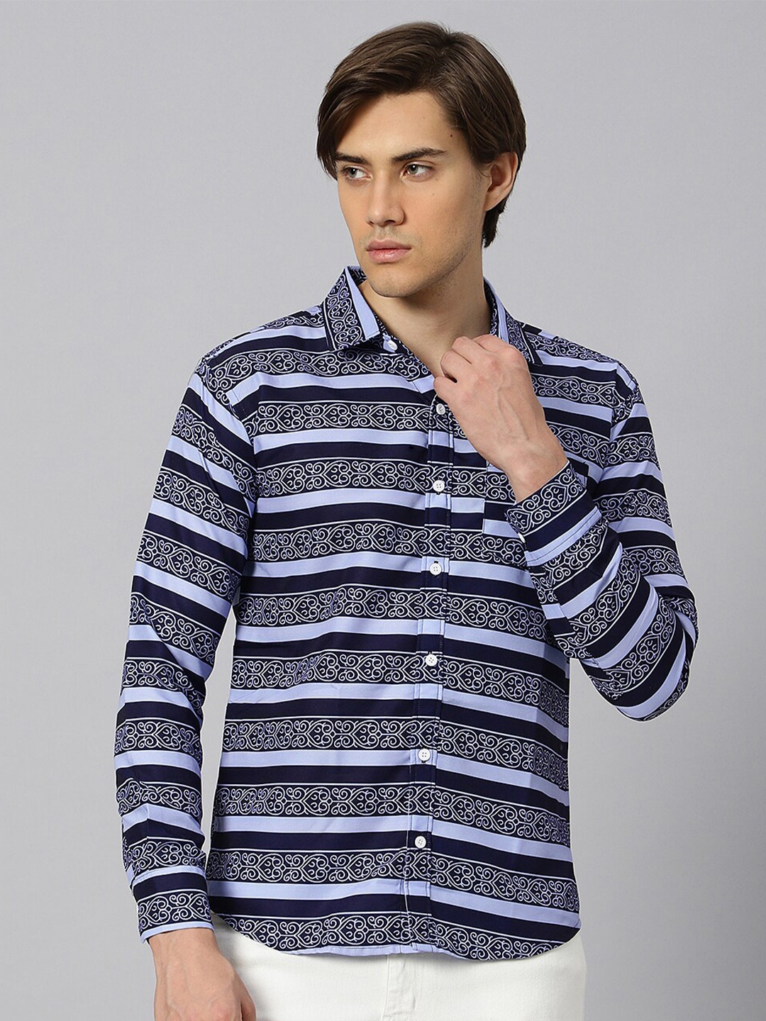 

N AND J Men Classic Horizontal Stripes Opaque Striped Casual Shirt, Blue
