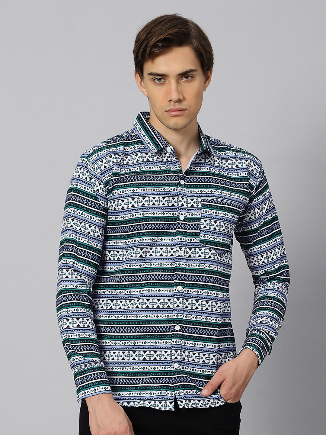 

N AND J Classic Ethnic Printed Casual Shirt, White