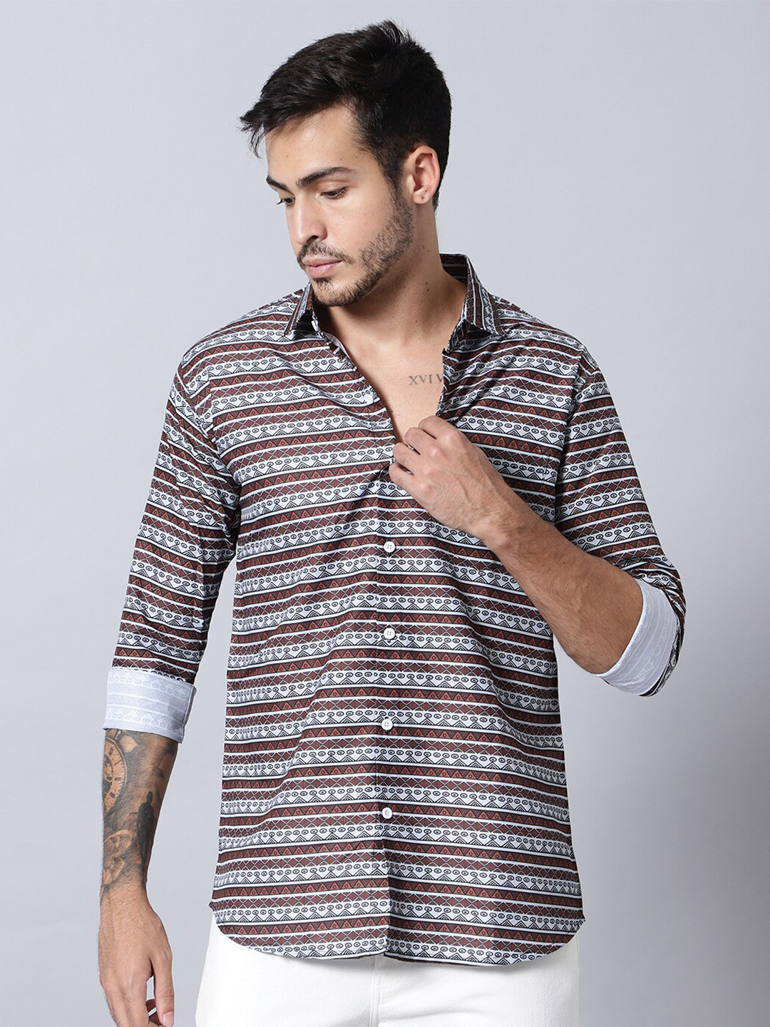 

N AND J Classic Ethnic Printed Casual Shirt, Khaki