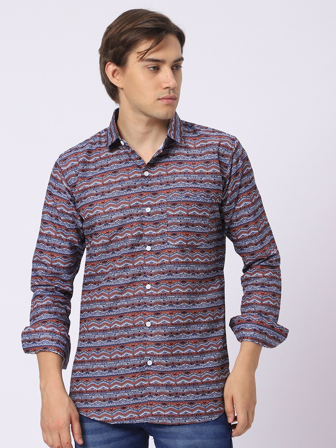

N AND J Classic Ethnic Printed Casual Shirt, Orange