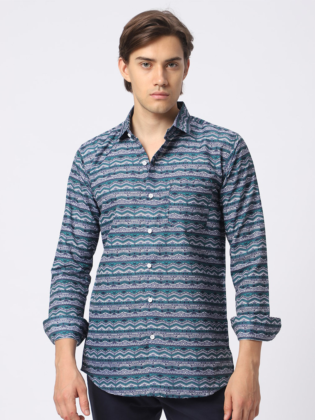 

N AND J Classic Geometric Striped Casual Shirt, Green