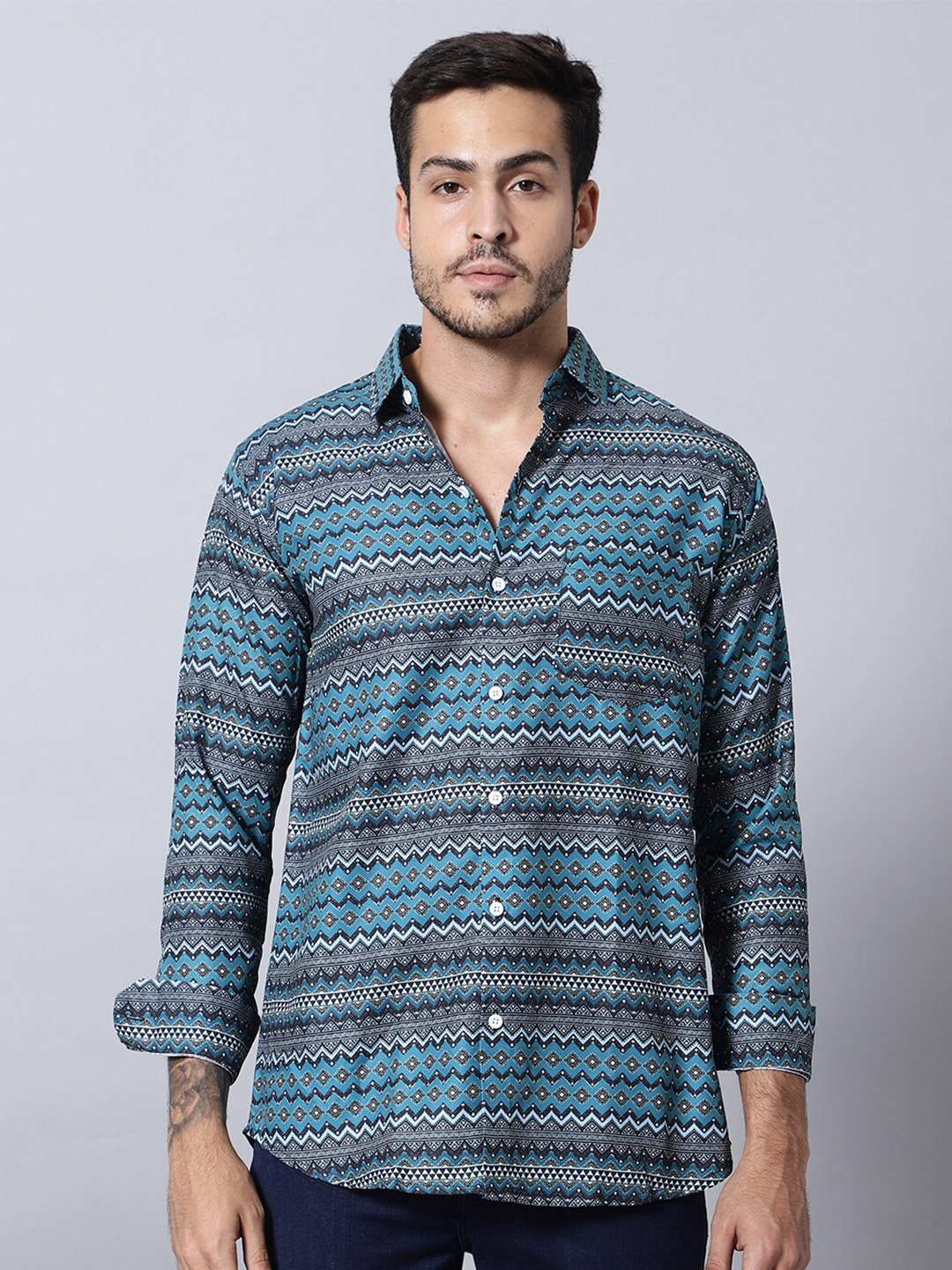 

N AND J Classic Geometric Printed Casual Shirt, Blue