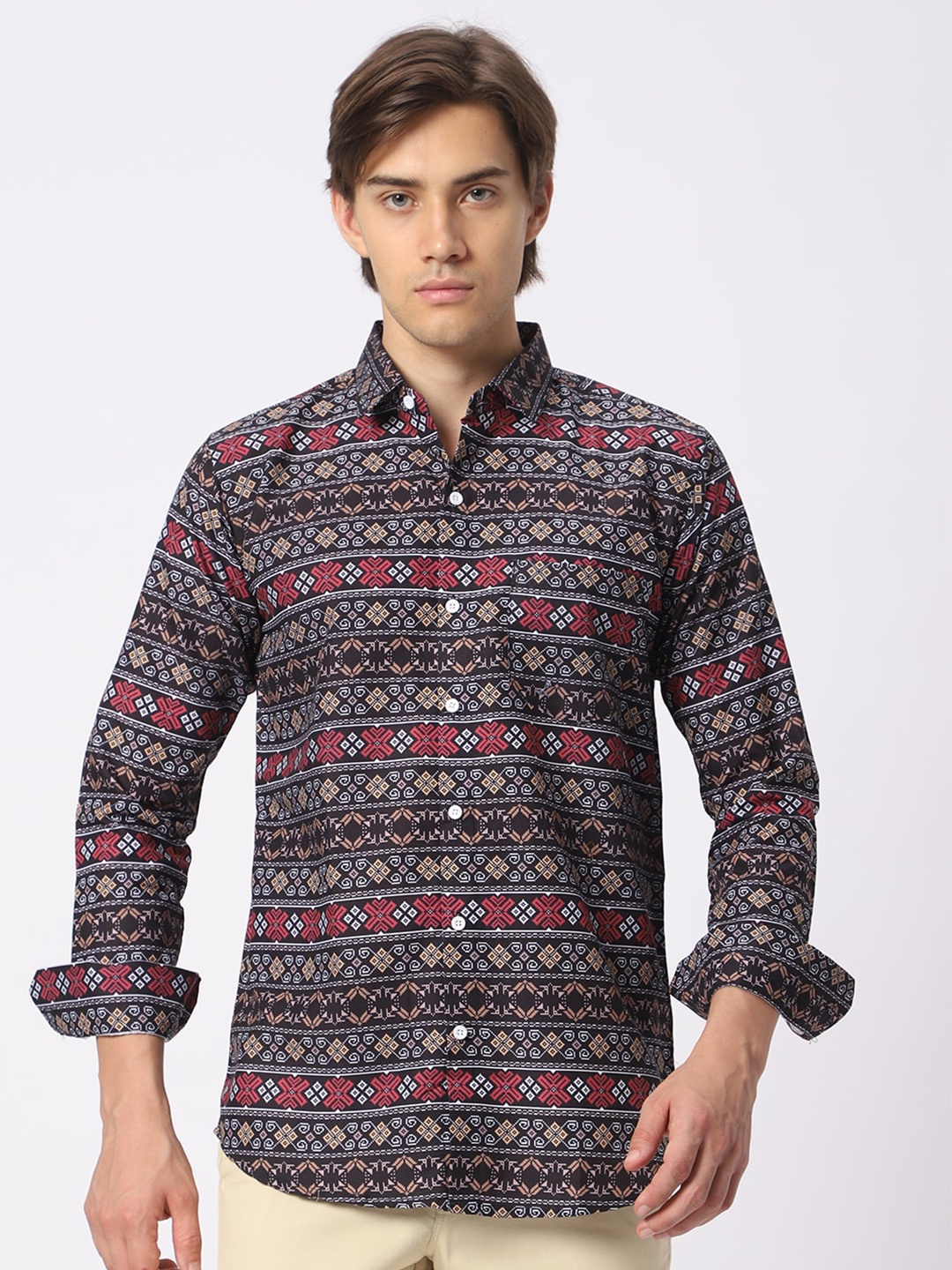 

N AND J Classic Geometric Printed Casual Shirt, Black