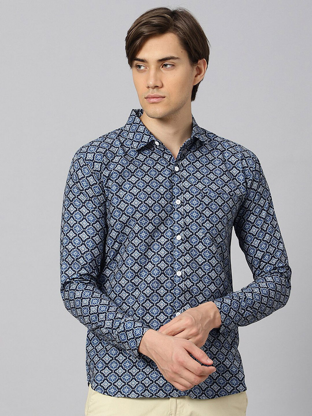 

N AND J Classic Ethnic Printed Casual Shirt, Blue