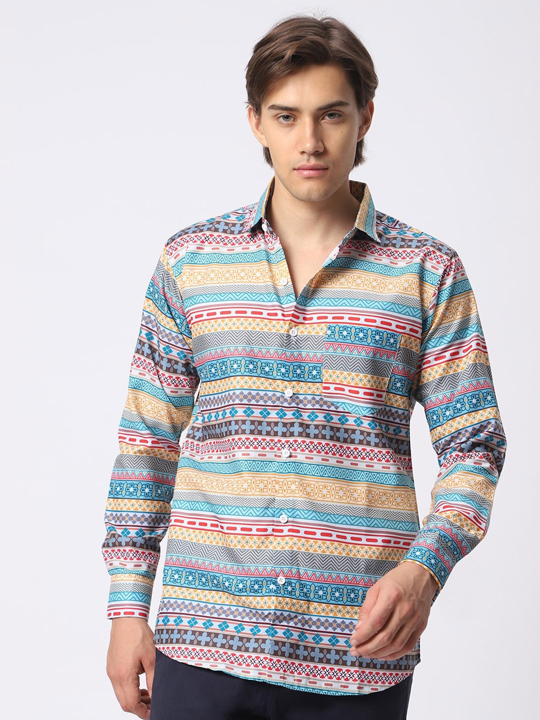 

N AND J Classic Geometric Printed Casual Shirt, Turquoise blue