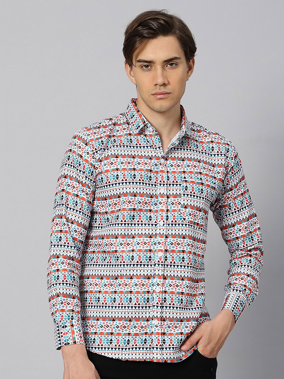 

N AND J Classic Geometric Printed Casual Shirt, White