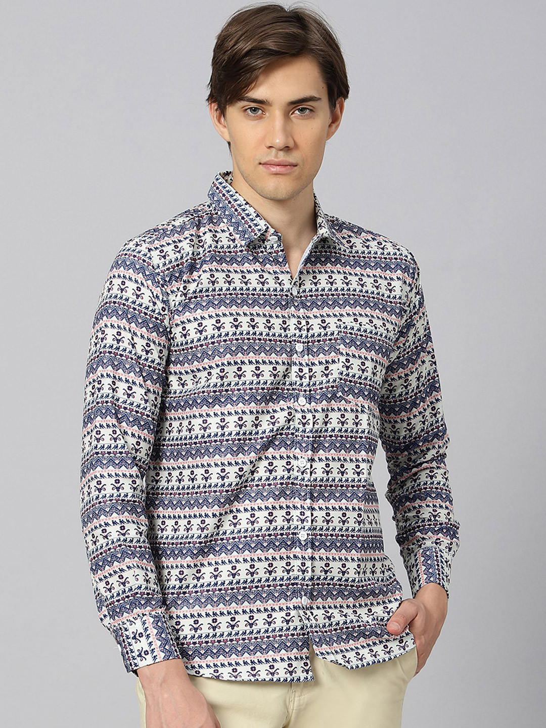

N AND J Classic Ethnic Printed Casual Shirt, Cream