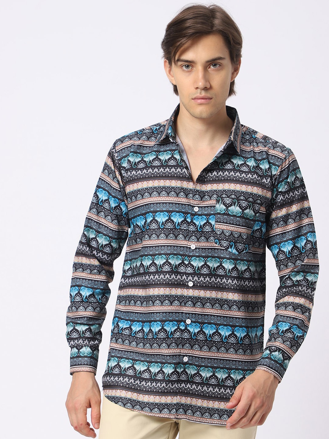 

N AND J Classic Ethnic Printed Casual Shirt, Blue