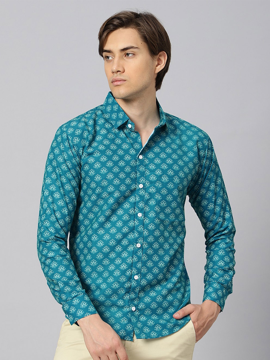 

N AND J Classic Ethnic Printed Casual Shirt, Green