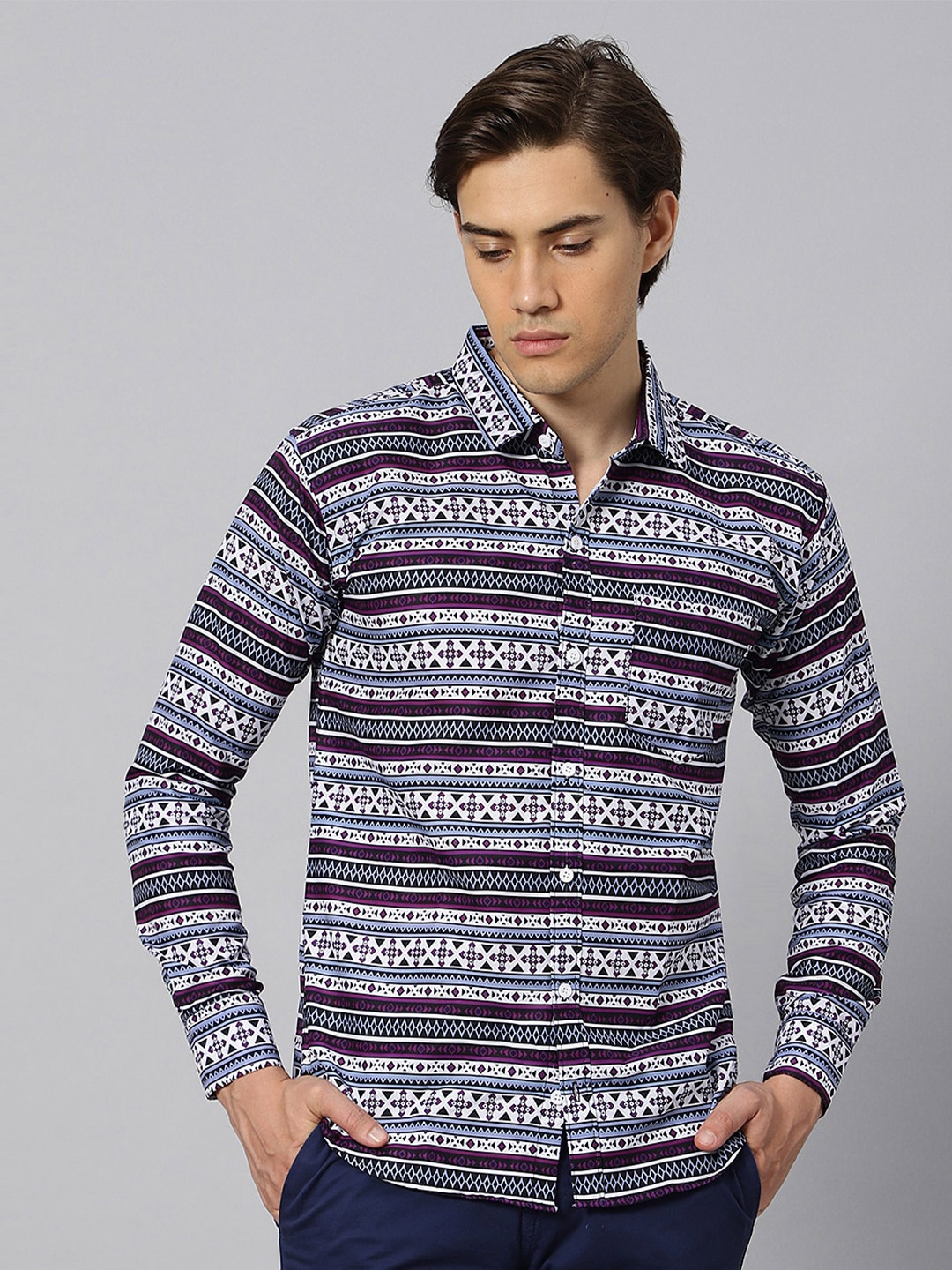 

N AND J Classic Fit Geometric Printed Casual Shirt, Purple