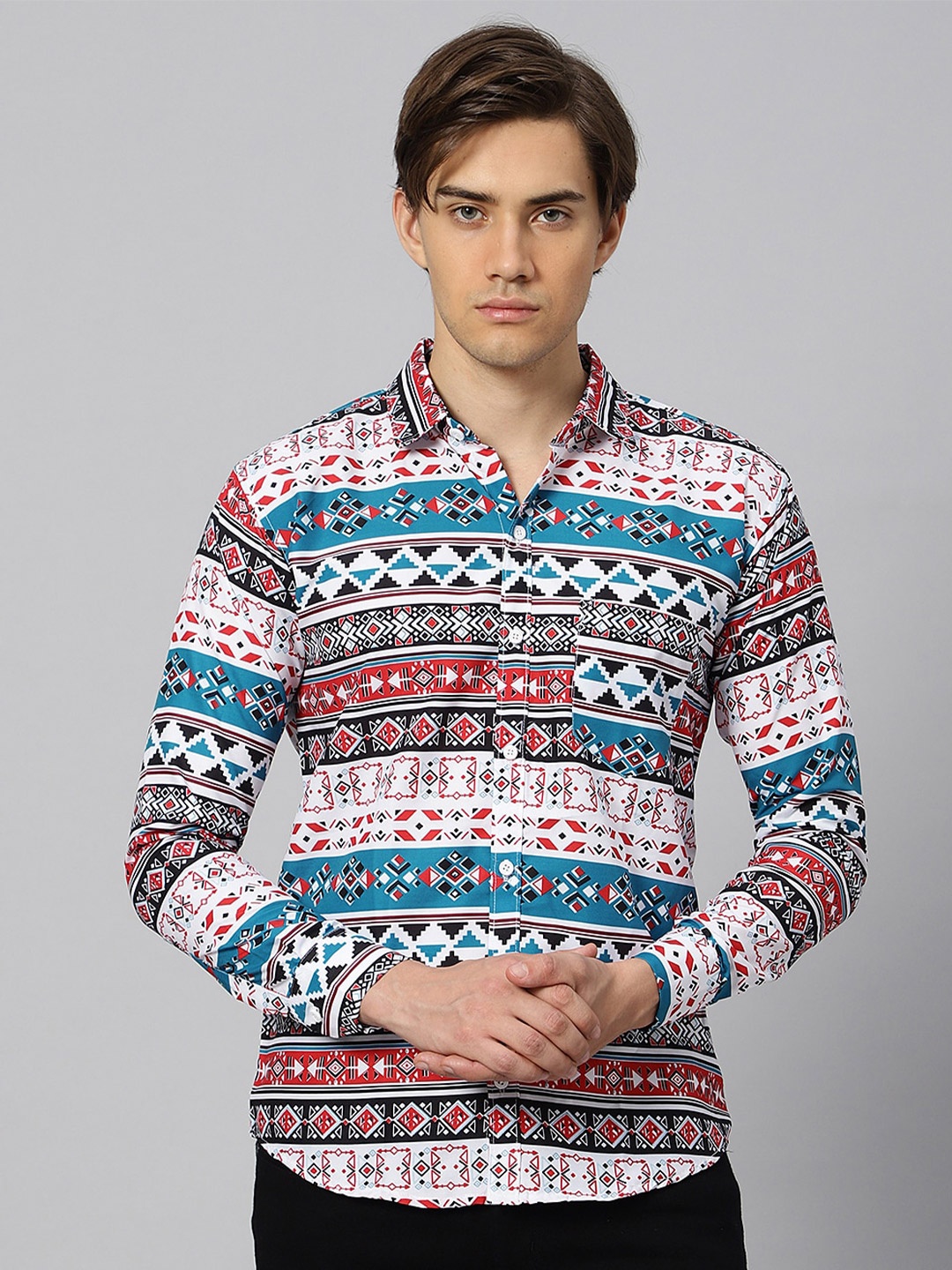 

N AND J Men Classic Fit Geometric Printed Casual Shirt, Red