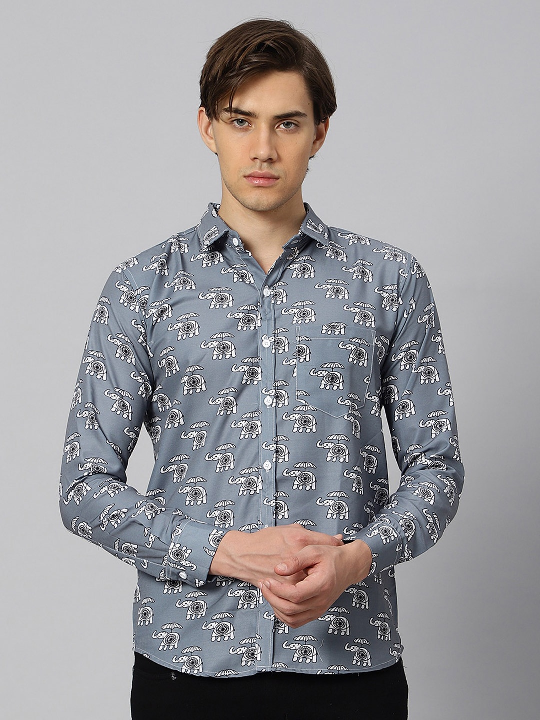 

N AND J Classic Fit Ethnic Motifs Printed Casual Shirt, Grey melange