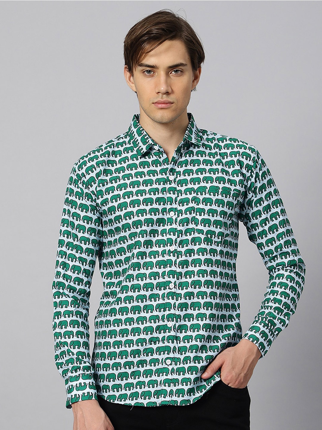 

N AND J Classic Ethnic Printed Casual Shirt, Green