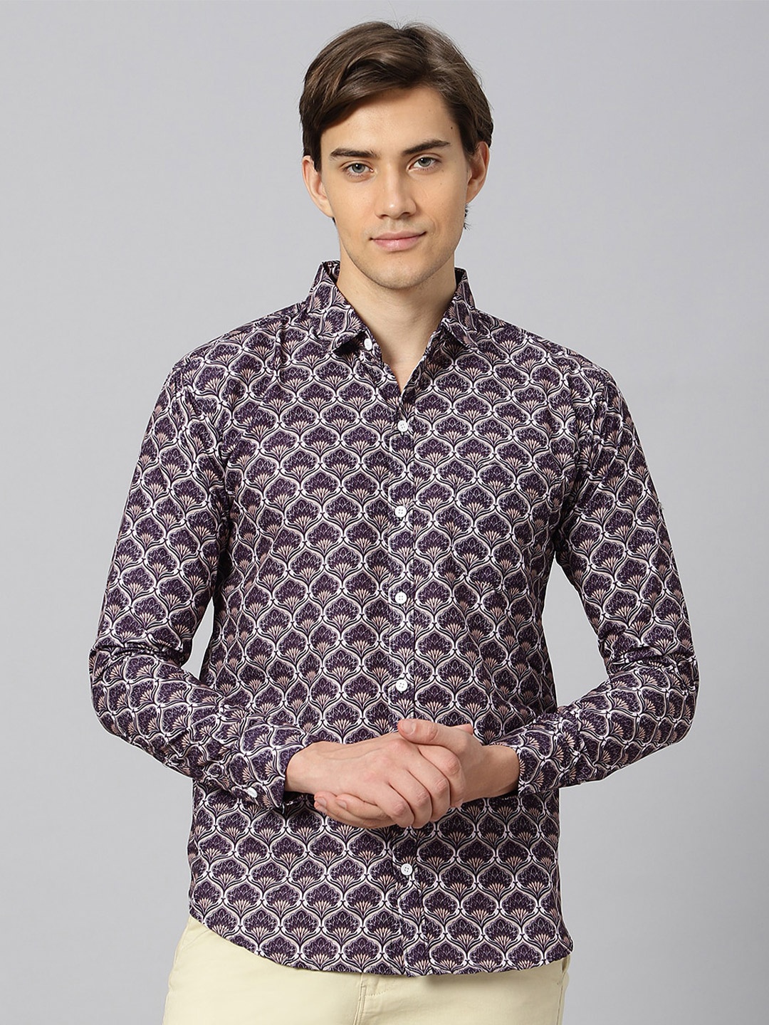 

N AND J Classic Ethnic Printed Casual Shirt, Brown