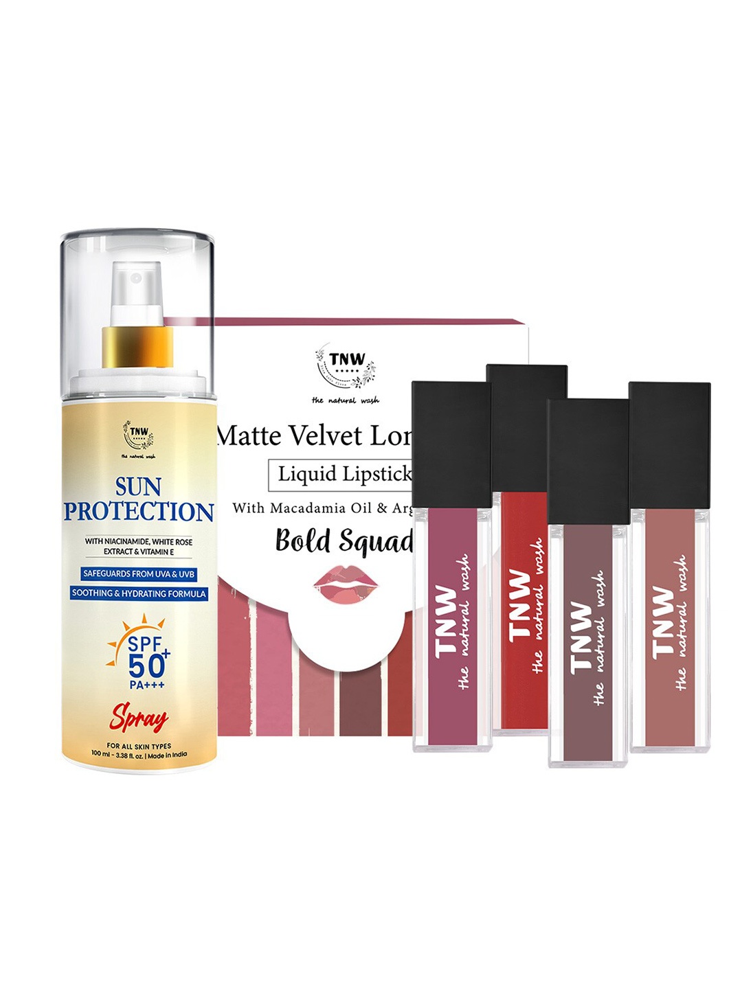 

TNW the natural wash Set of Bold Squad Matte Liquid Lipstick& Sun Protection SPF 50 Spray, Coral