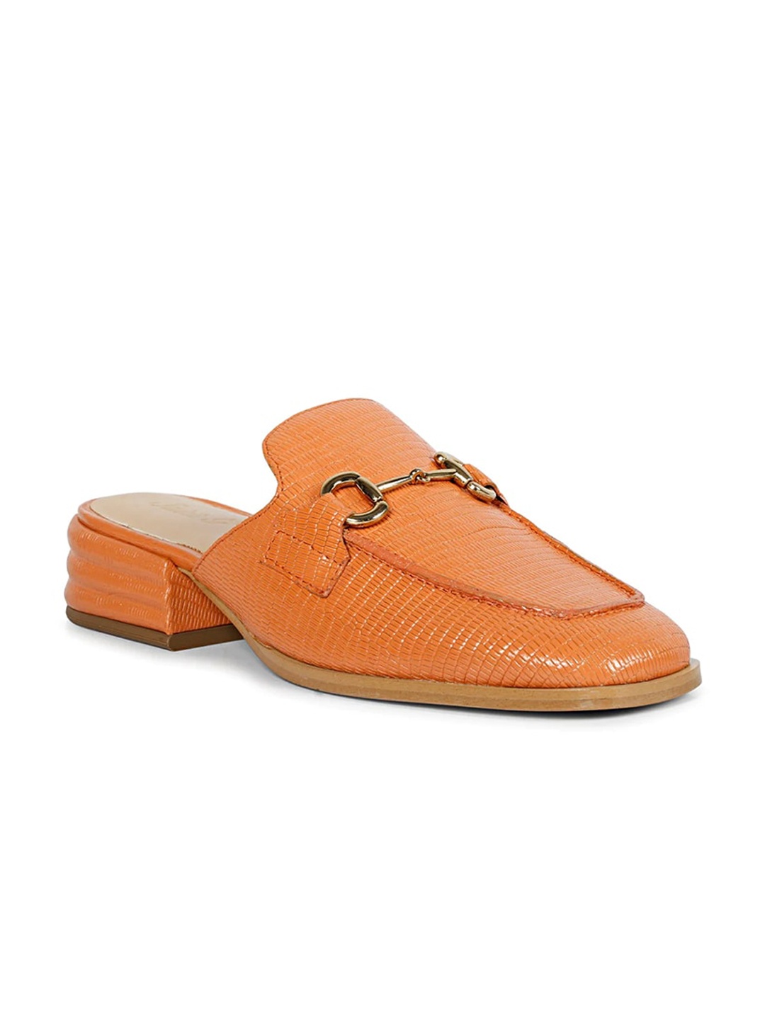 

Saint G Textured Square Toe Embellished Leather Block Mules, Orange
