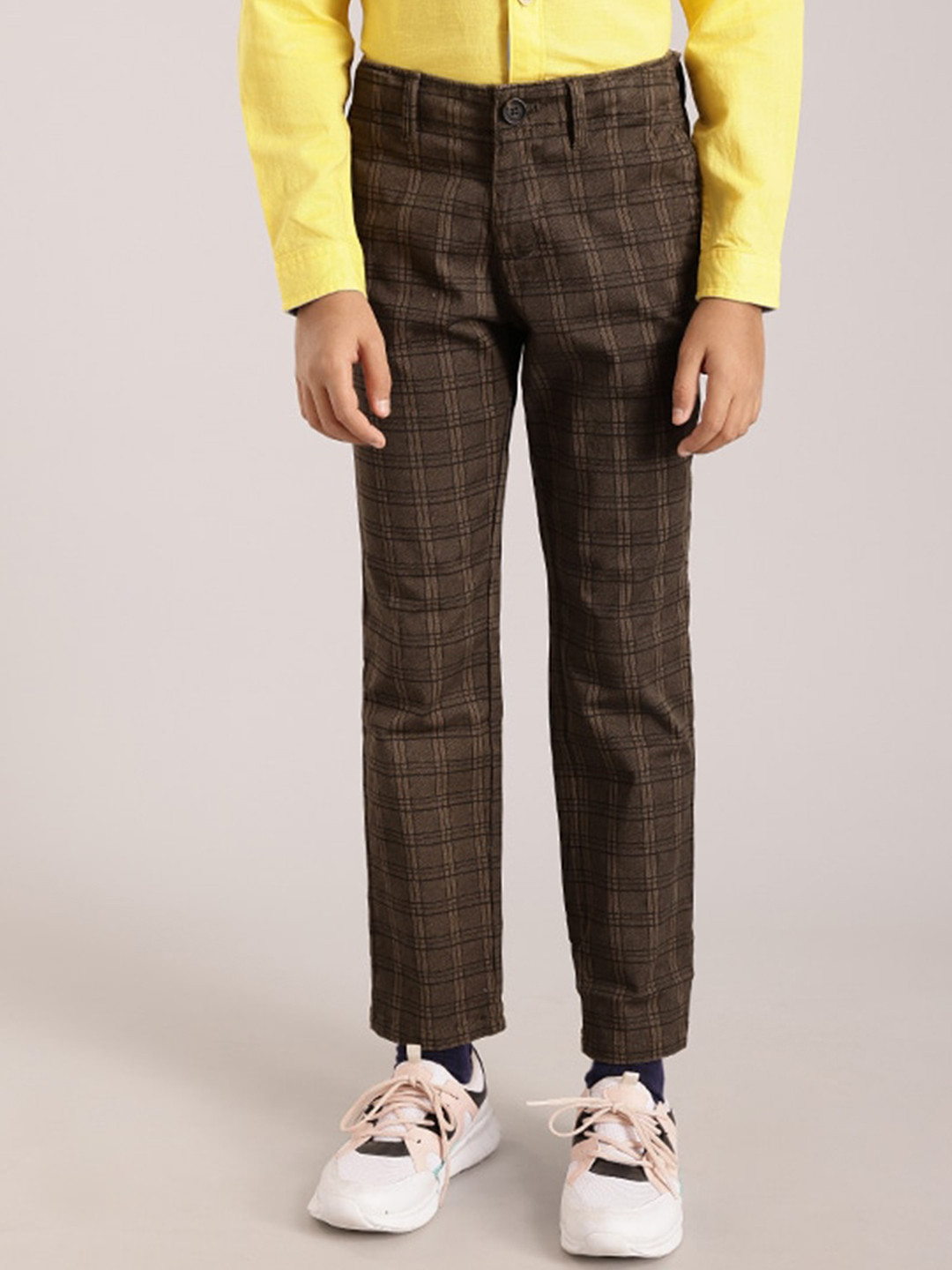 

Indian Terrain Boys Smart Fit Checked Pure Cotton Chinos Trousers, Brown