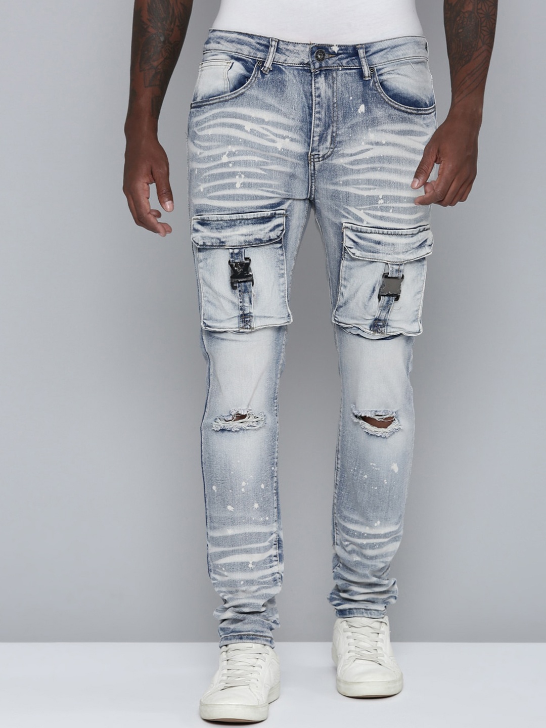 

WAIMEA Men Skinny Fit Highly Distressed Heavy Fade Stretchable Jeans, Grey