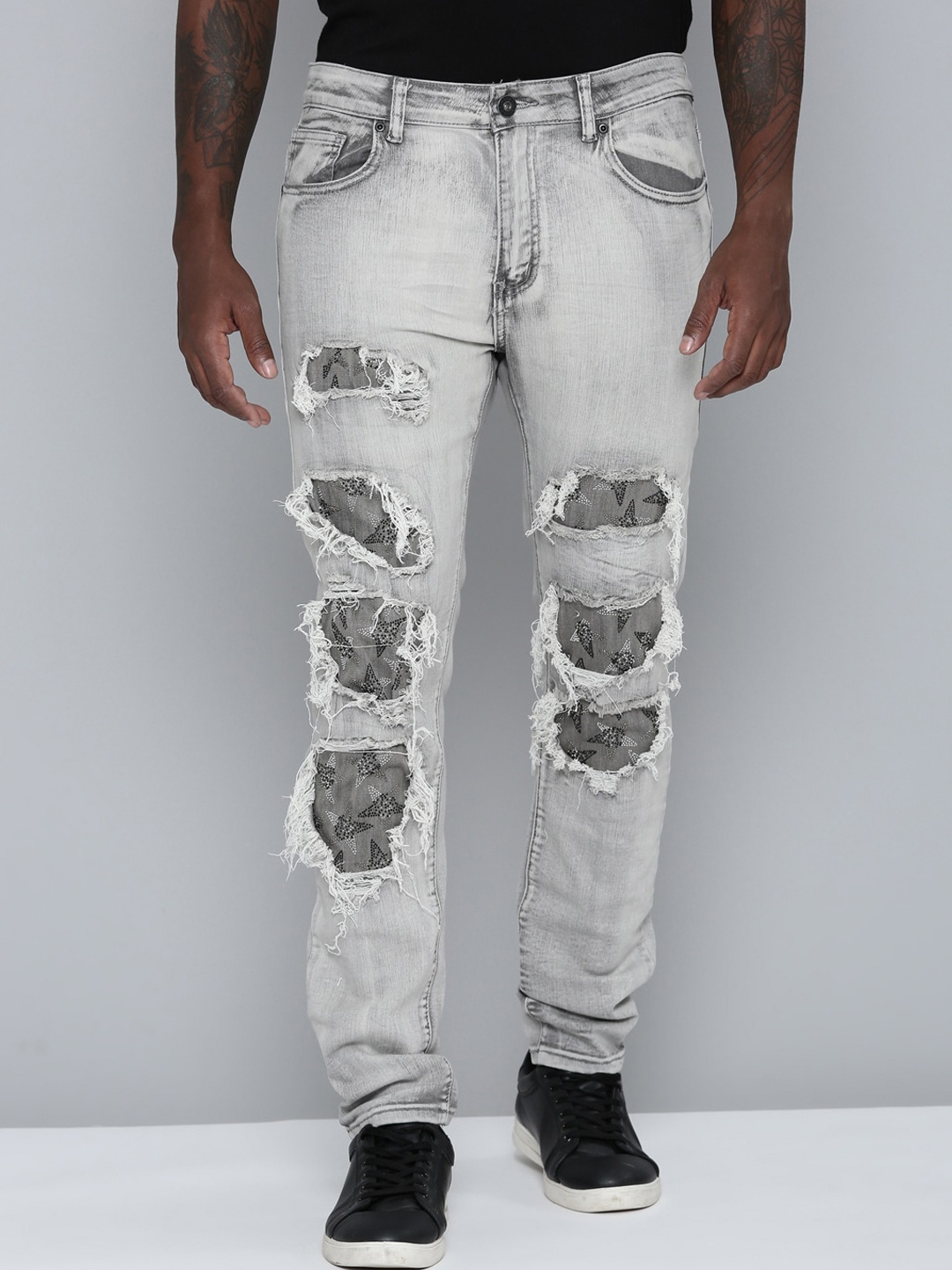 

WAIMEA Men Skinny Fit Highly Distressed Heavy Fade Stretchable Jeans, Grey