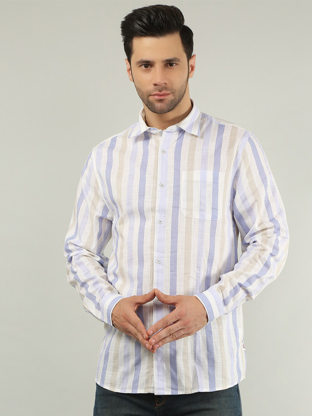 

TIM PARIS Standard Striped Spread Collar Pure Cotton Casual Shirt, White
