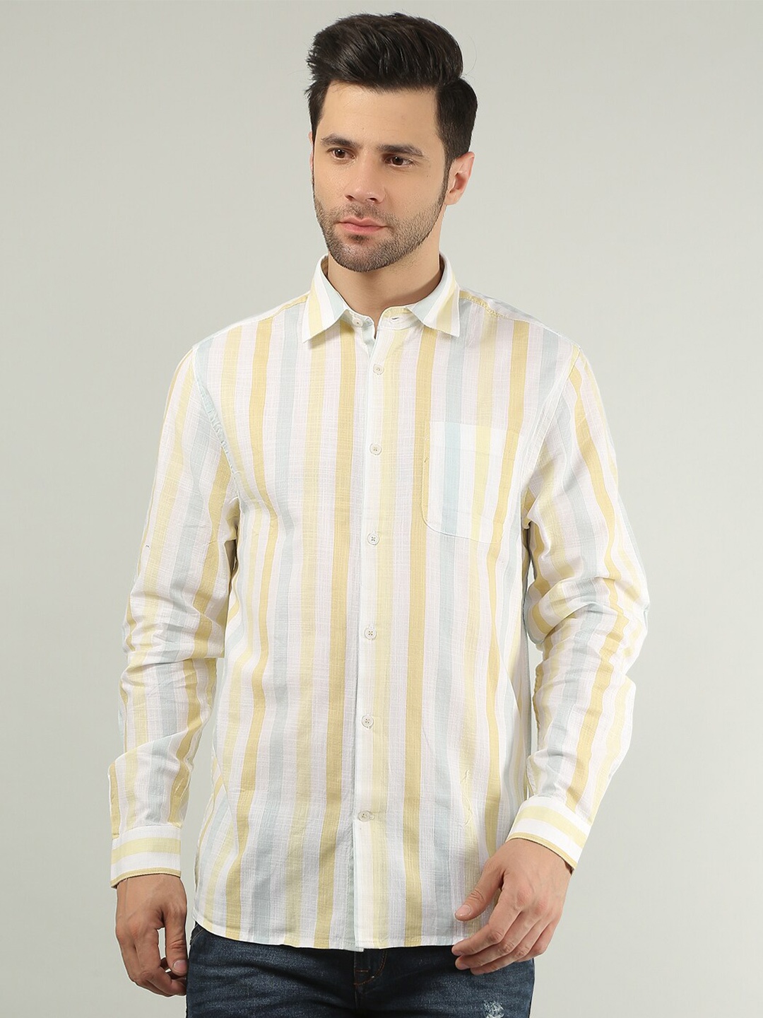 

TIM PARIS Standard Striped Spread Collar Casual Pure Cotton Shirt, White