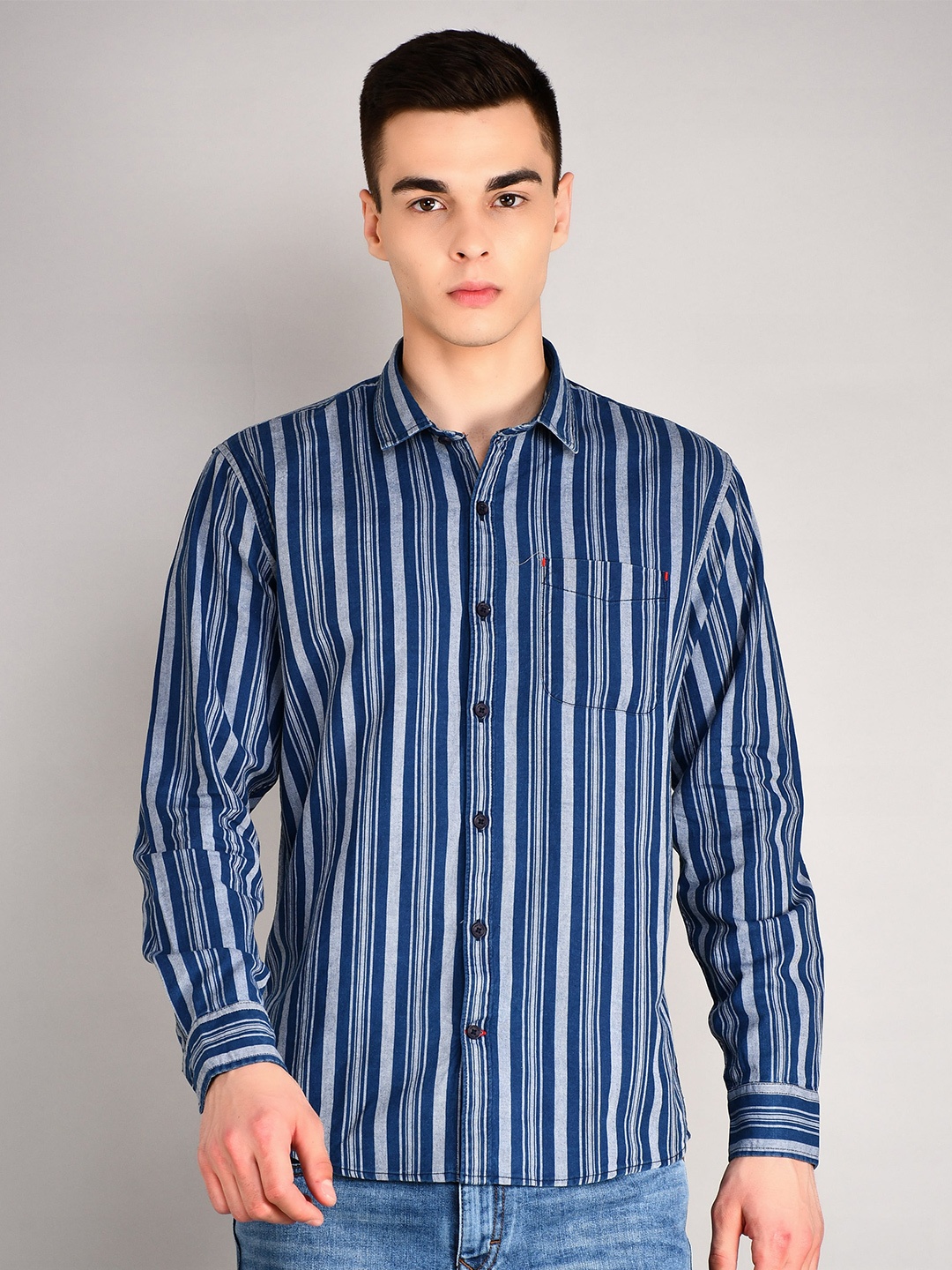 

TIM PARIS Standard Striped Cotton Casual Shirt, Blue