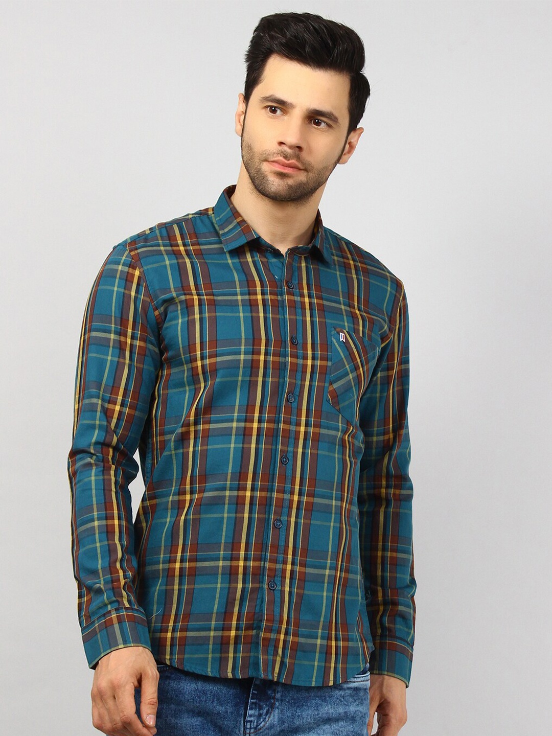 

TIM PARIS Standard Tartan Checked Spread Collar Casual Pure Cotton Shirt, Blue
