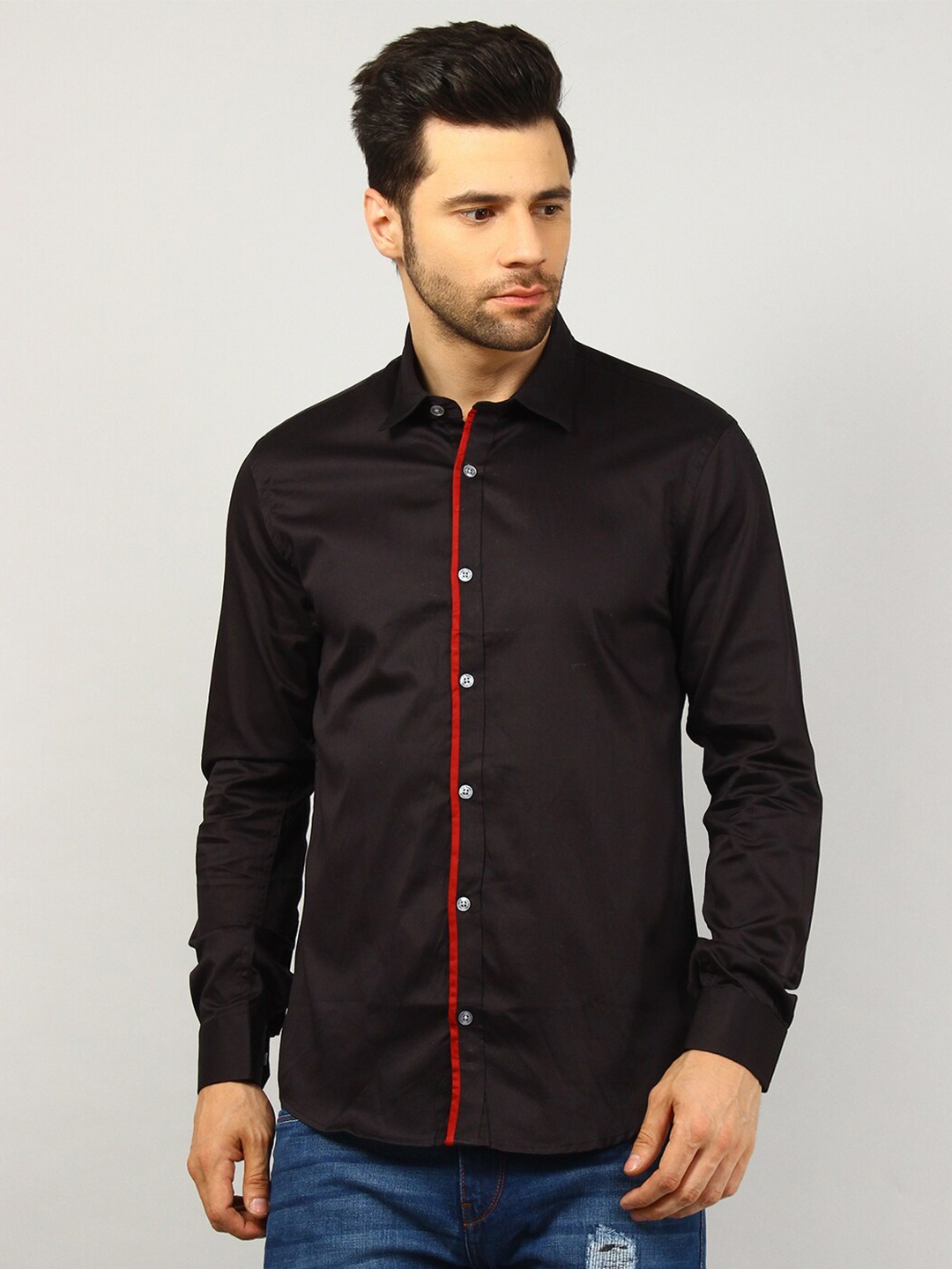 

TIM PARIS Standard Spread Collar Casual Pure Cotton Shirt, Black
