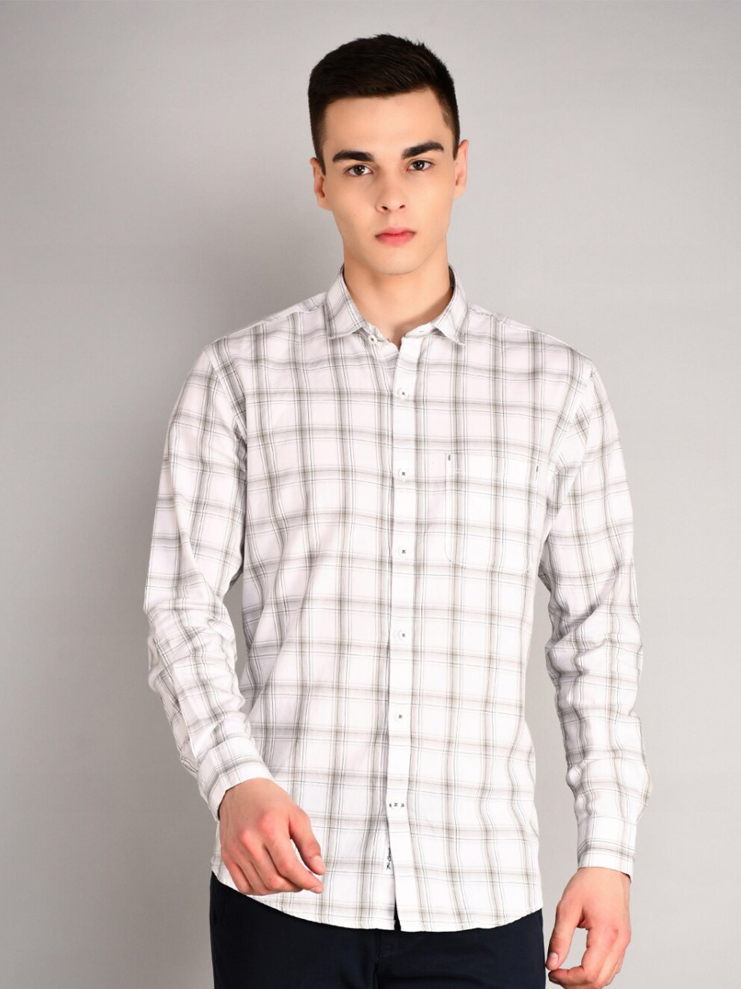 

TIM PARIS Standard Grid Tattersall Checked Cotton Casual Shirt, White