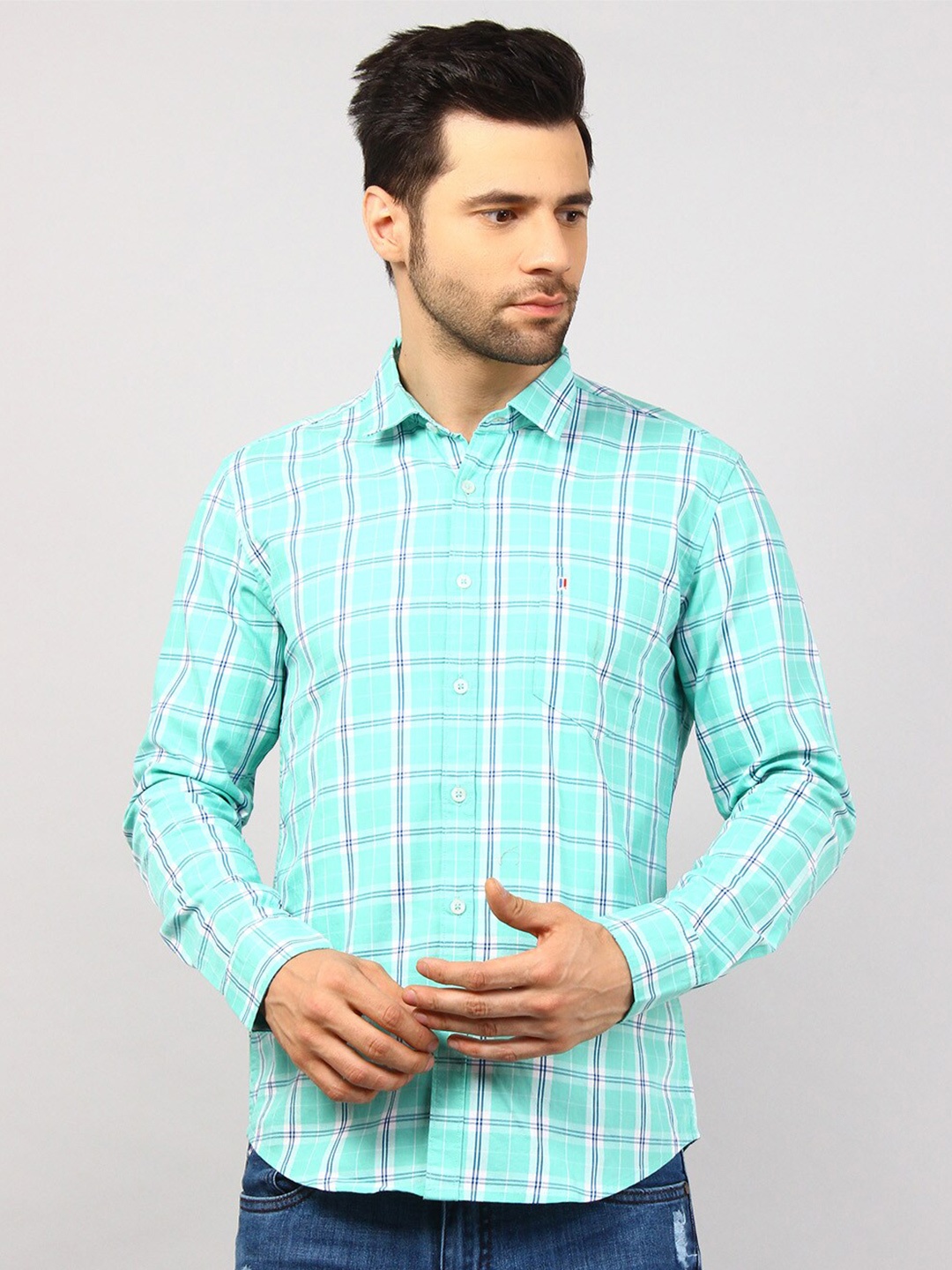 

TIM PARIS Men Checked Standard Cotton Casual Shirt, Sea green