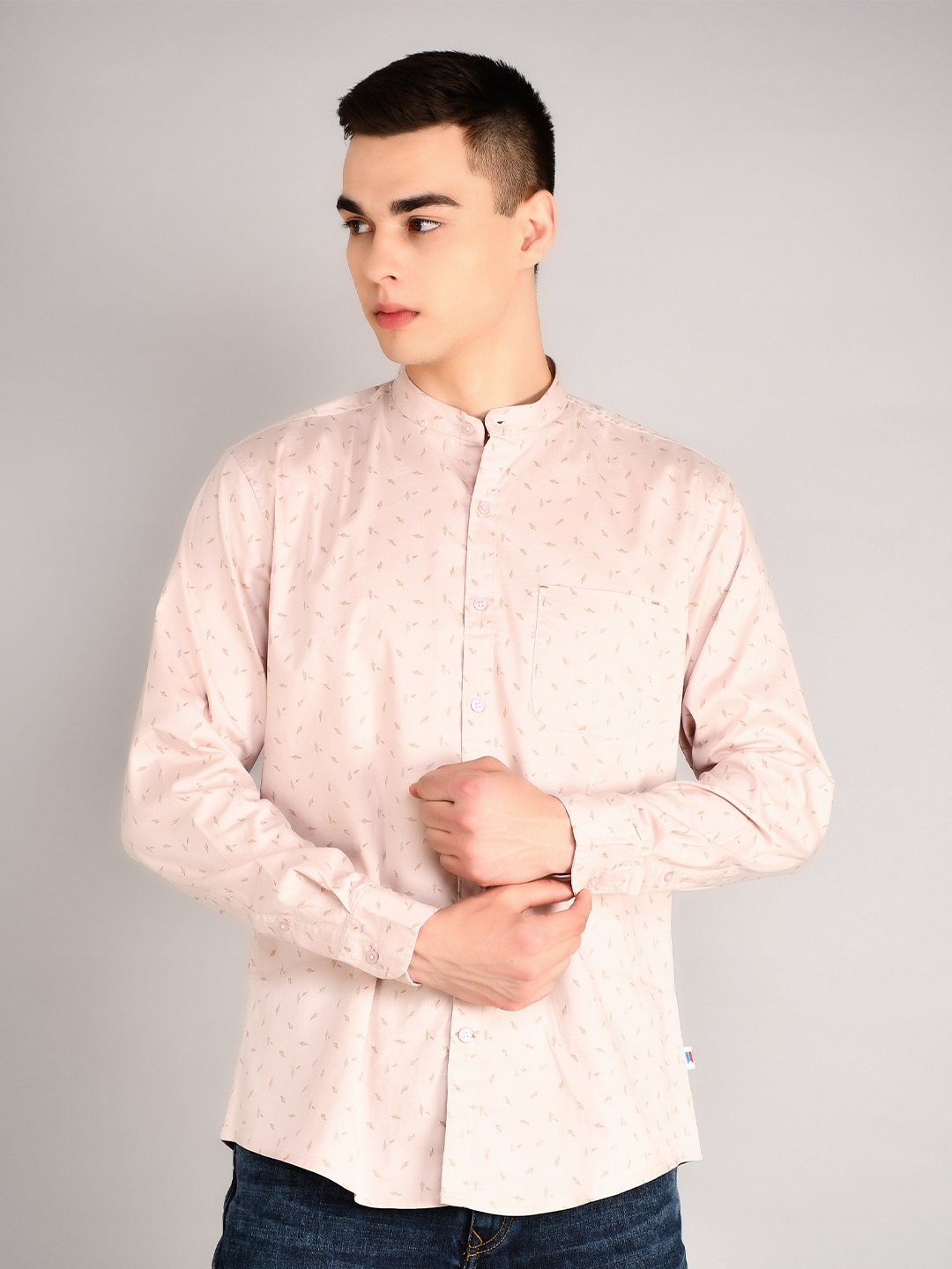 

TIM PARIS Standard Floral Printed Band Collar Casual Pure Cotton Shirt, Pink