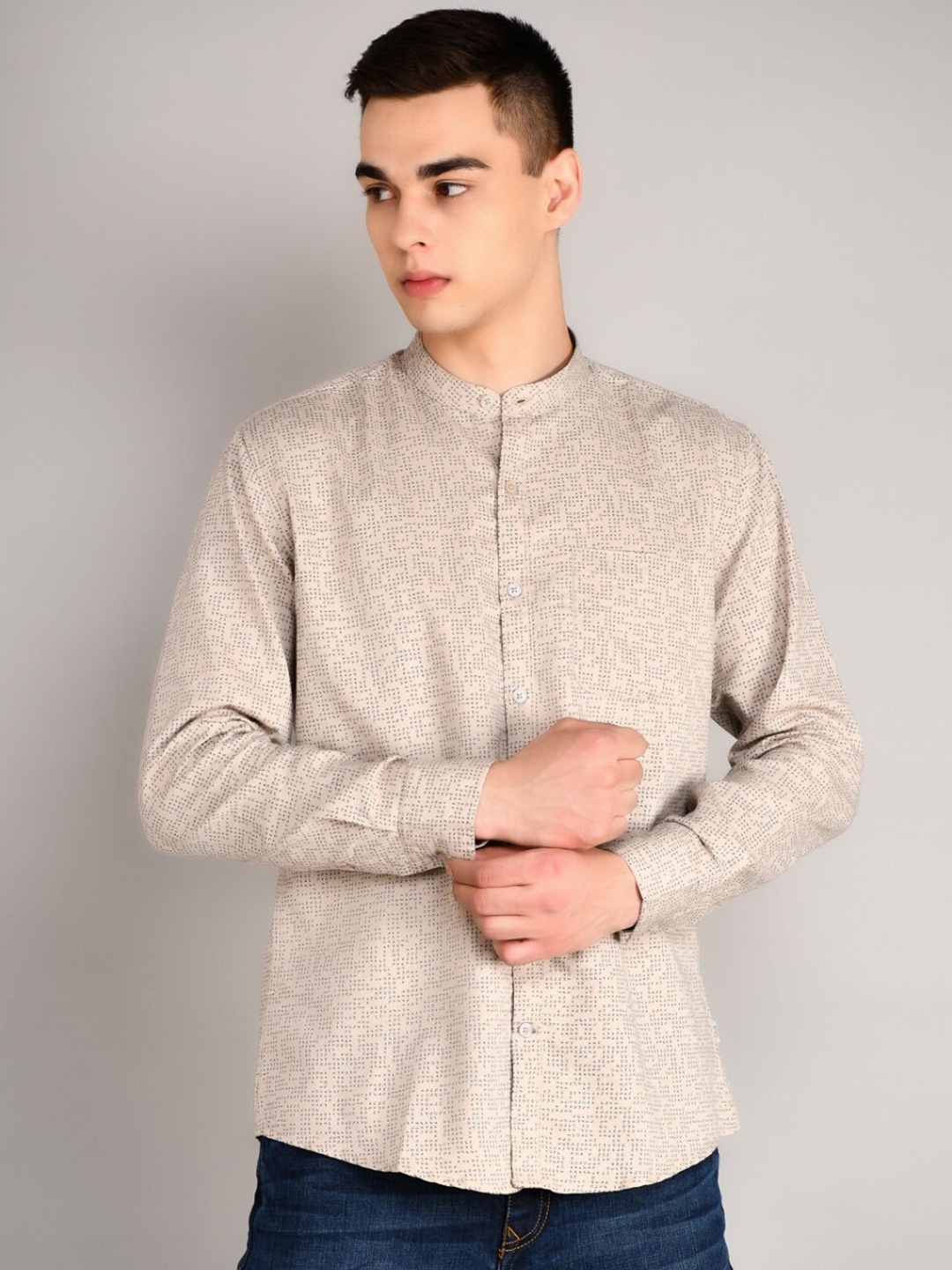 

TIM PARIS Men Printed Standard Band Collar Cotton Casual Shirt, Brown