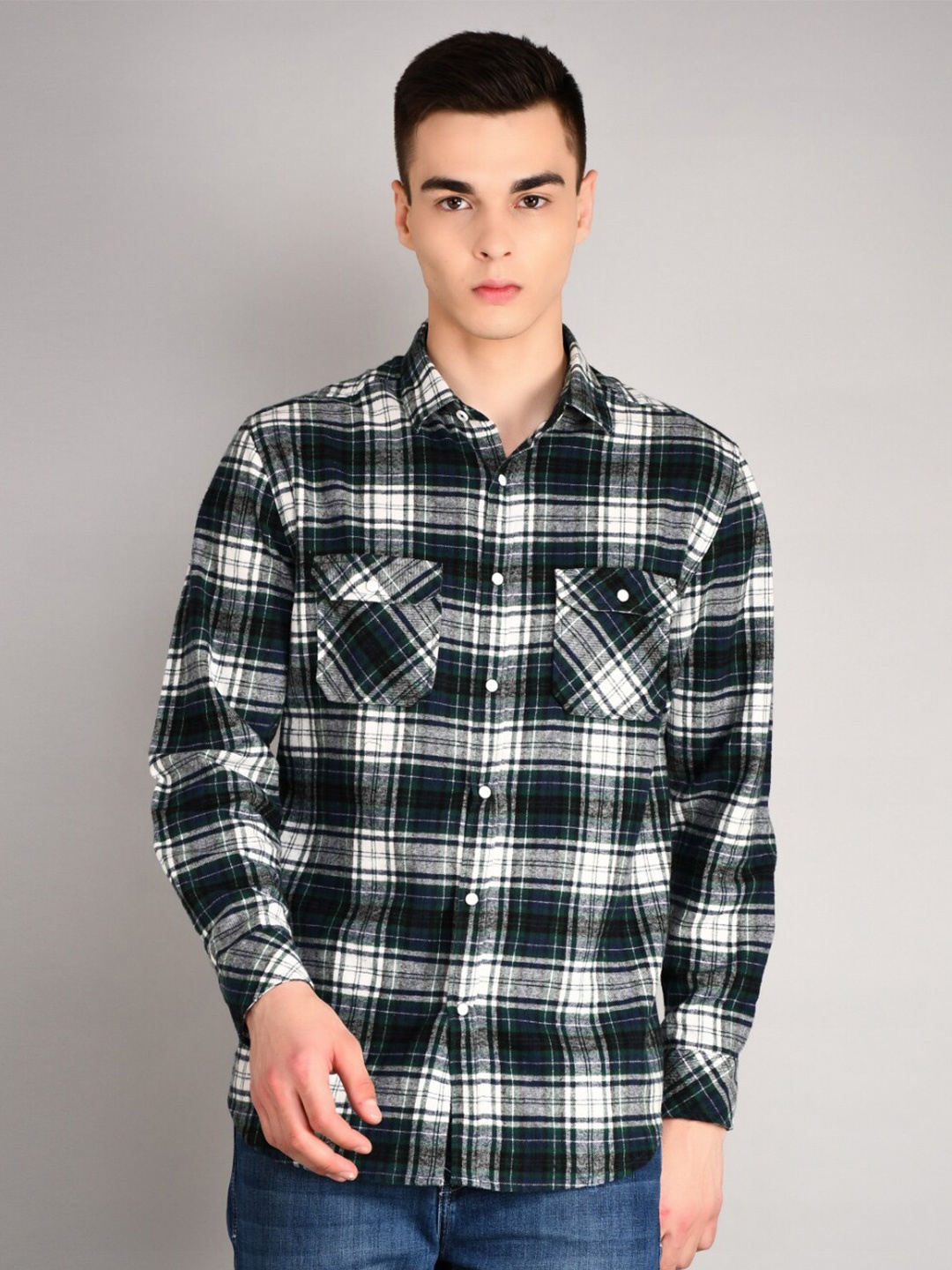 

TIM PARIS Standard Tartan Checked Spread Collar Casual Pure Cotton Shirt, Green