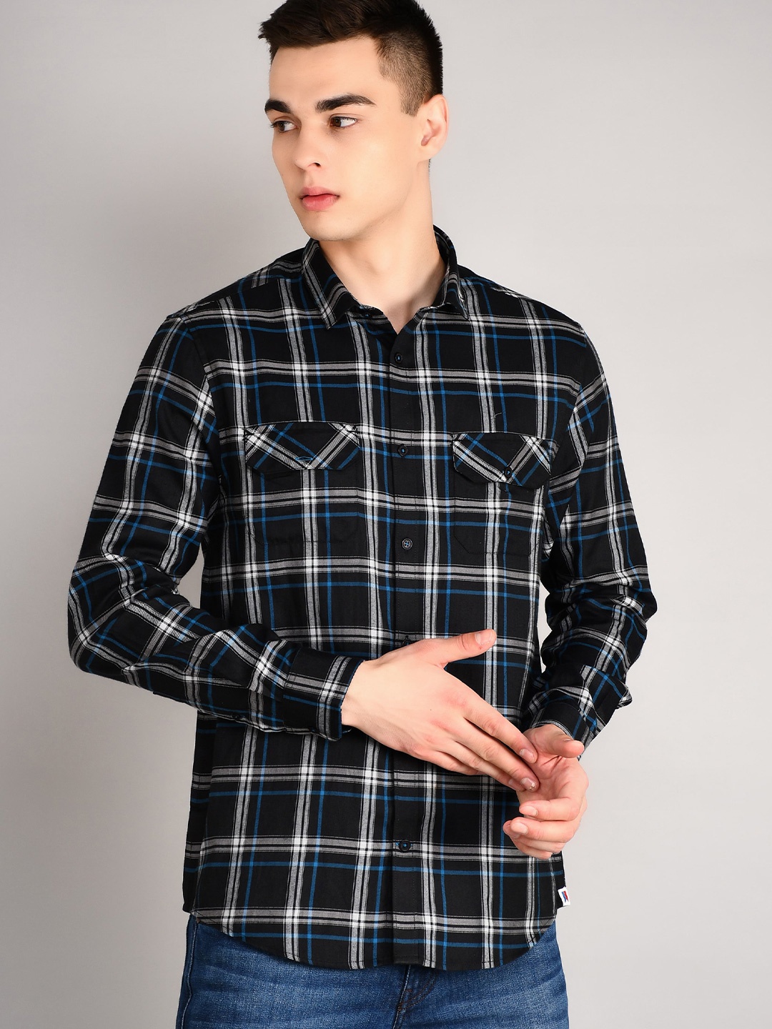 

TIM PARIS Standard Tartan Checks Opaque Checked Pure Cotton Casual Shirt, Black