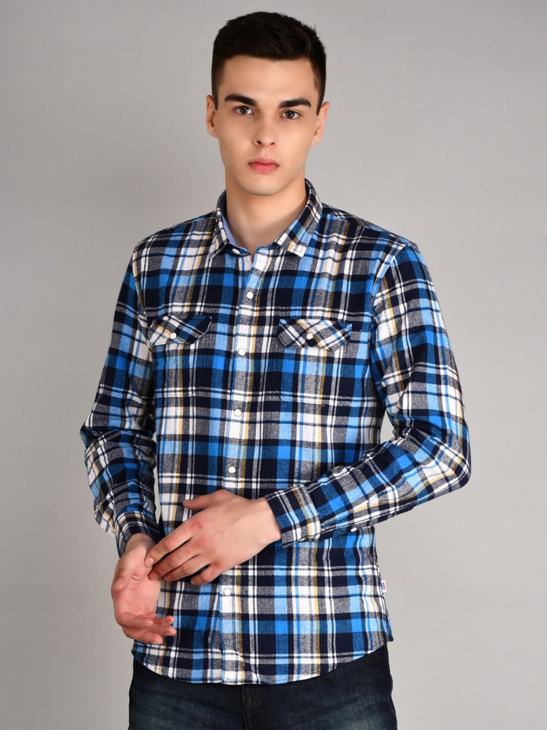 

TIM PARIS Standard Tartan Checked Spread Collar Casual Pure Cotton Shirt, Blue